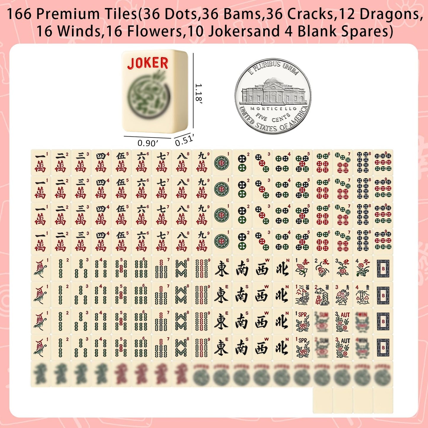 GZIXBDA American Mahjong Tiles Set – Portable 166-Tile Travel Mahjong with Mat, Racks, Coins & Dice