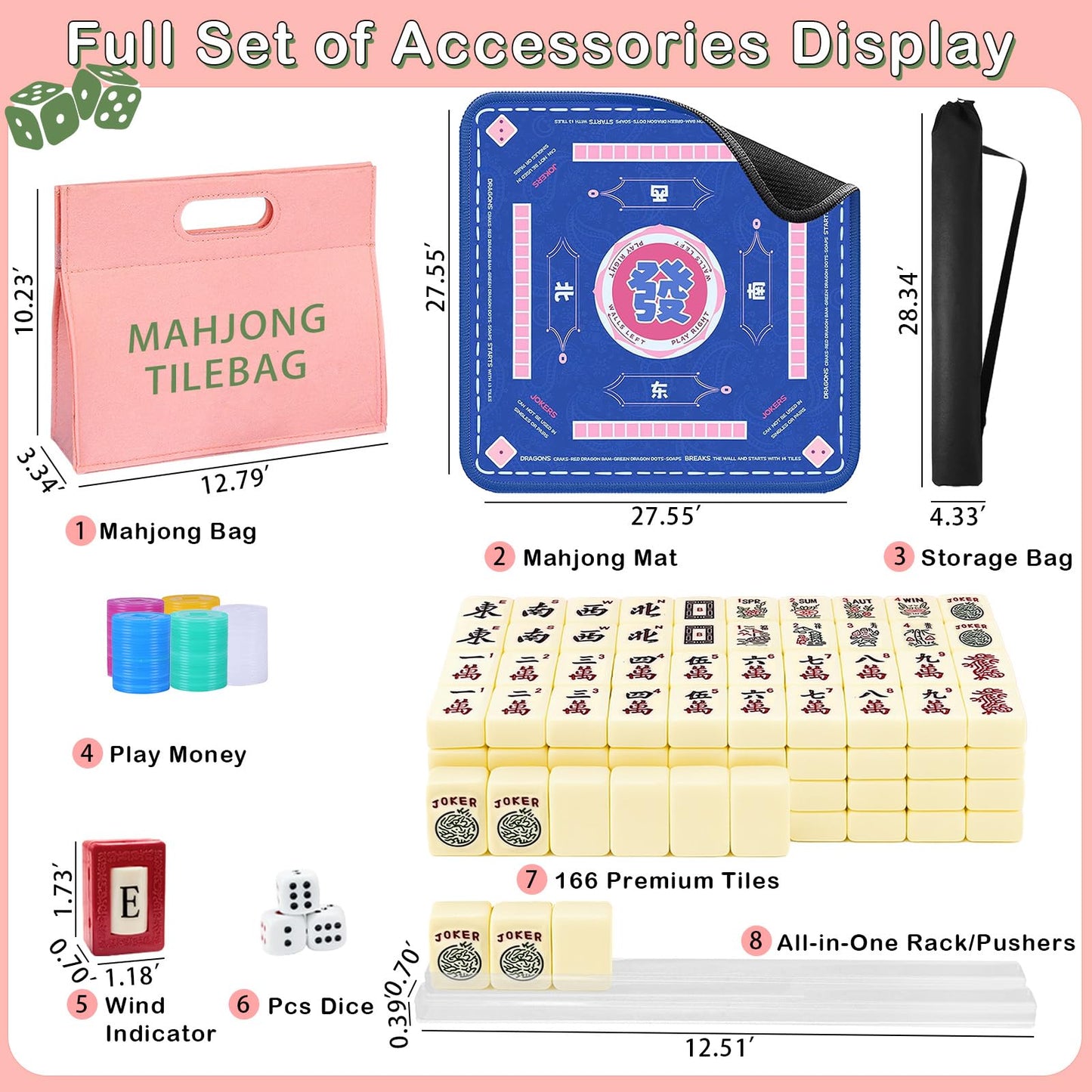 GZIXBDA American Mahjong Tiles Set – Portable 166-Tile Travel Mahjong with Mat, Racks, Coins & Dice