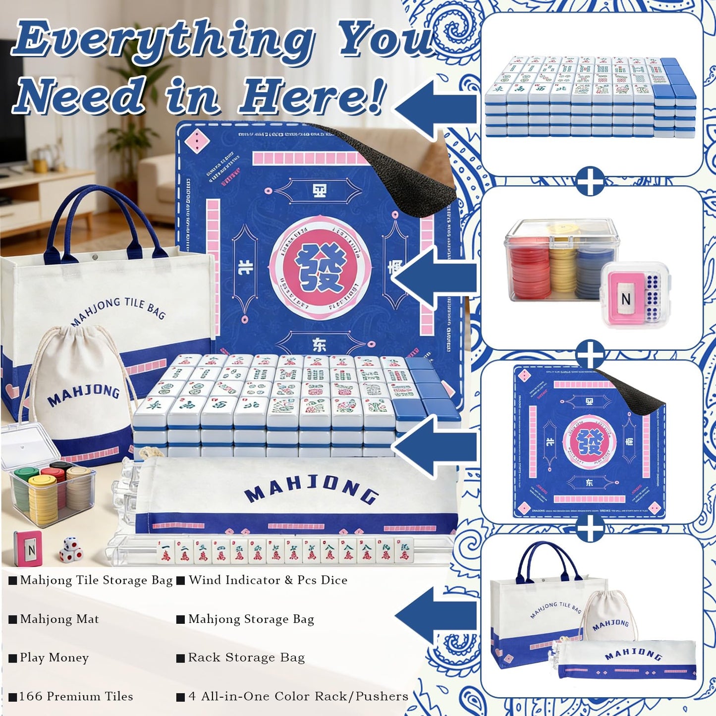 GZIXBDA American Mahjong Tiles Set with Noise-Reducing Mat – 166 Tiles, 4 Color Racks, Dice, and Portable Storage