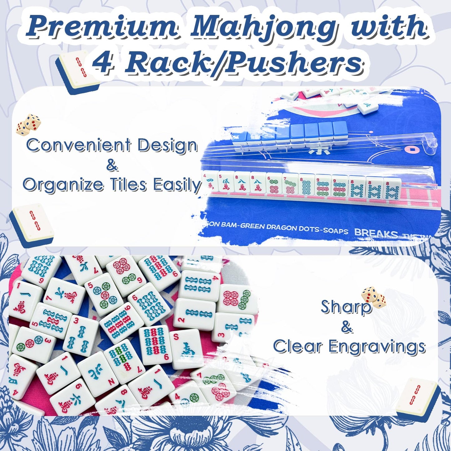 GZIXBDA American Mahjong Tiles Set with Noise-Reducing Mat – 166 Tiles, 4 Color Racks, Dice, and Portable Storage