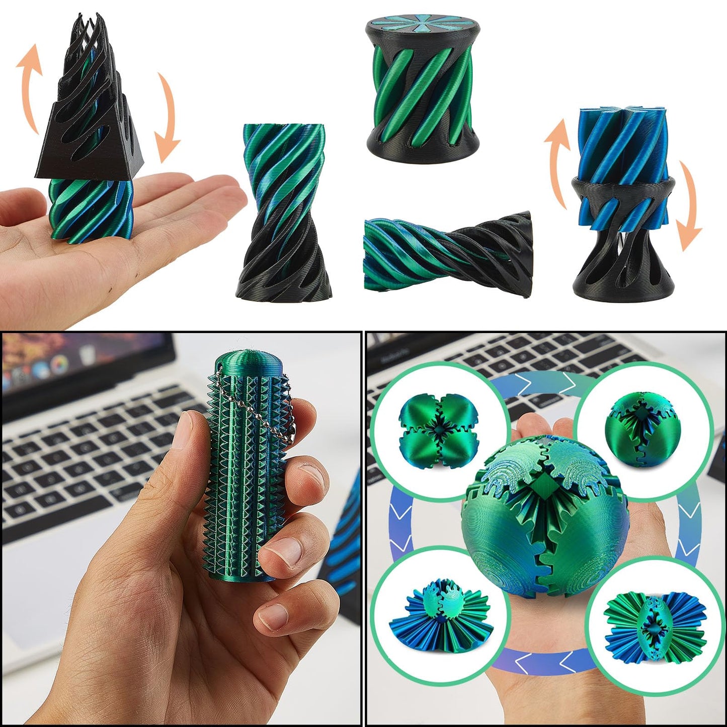 gzrnje 3D Printed Fidget Toys Set – 5 Pack Spiral Cone & Gear Ball for Desk, Classroom, and Gifts