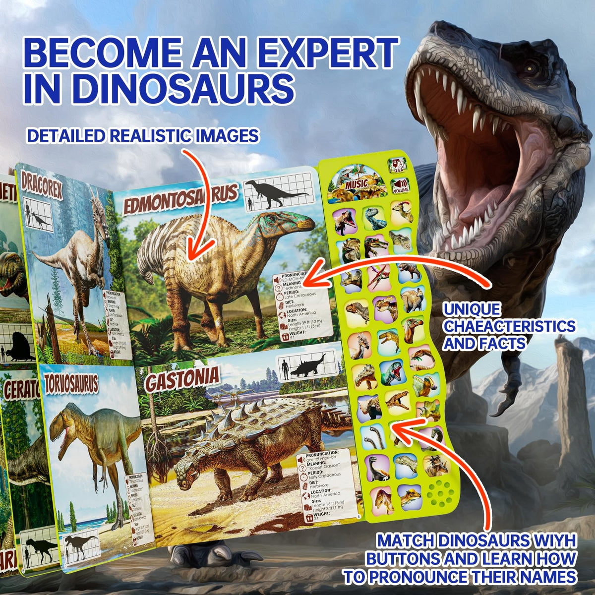 Gzsbaby Dinosaur Book with Sounds — 30 Species Names, Realistic Dino Sounds for Kids 2-7