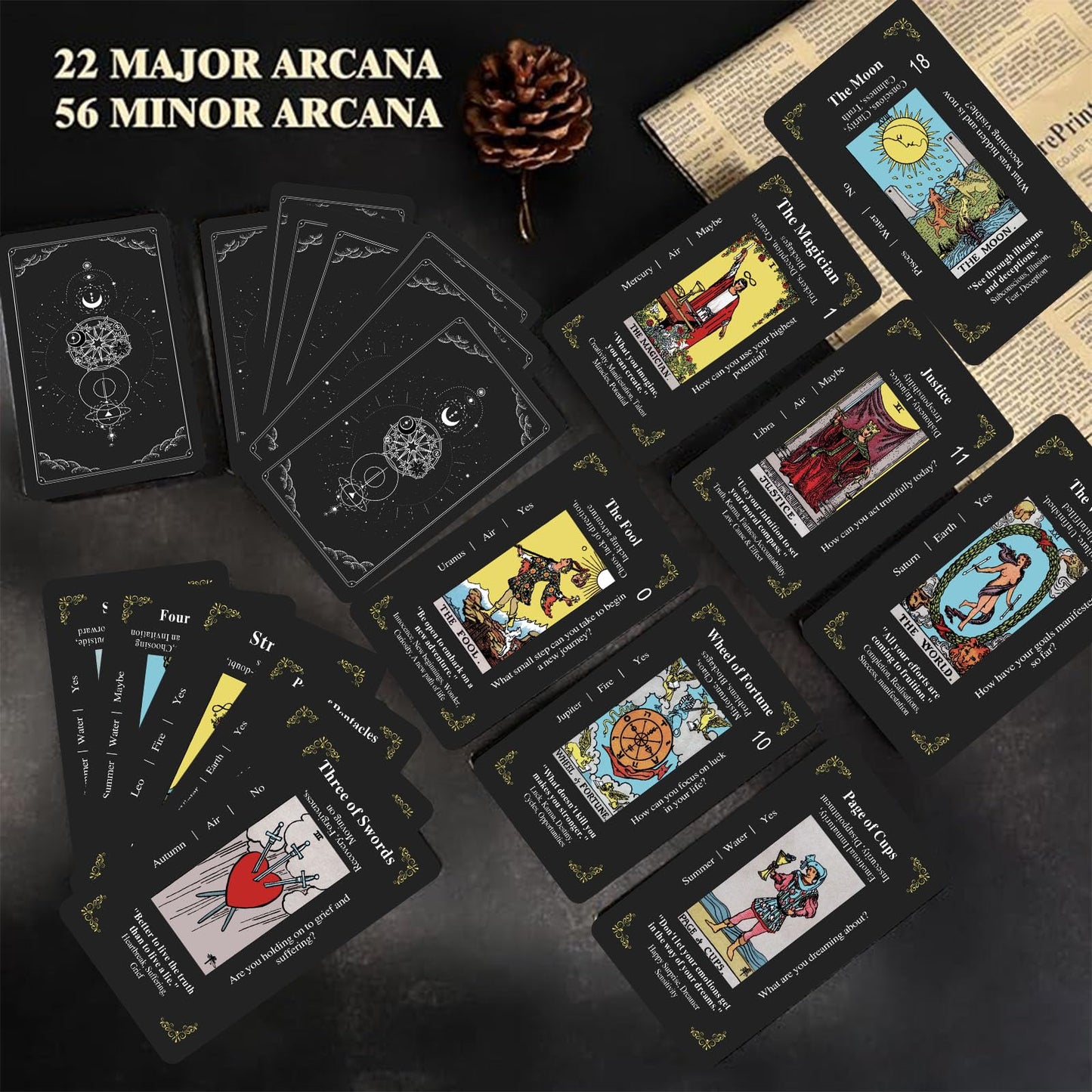 GZSYXHJYXGS Classic Tarot Cards for Beginners – 78-Card Deck with Meanings (Black)