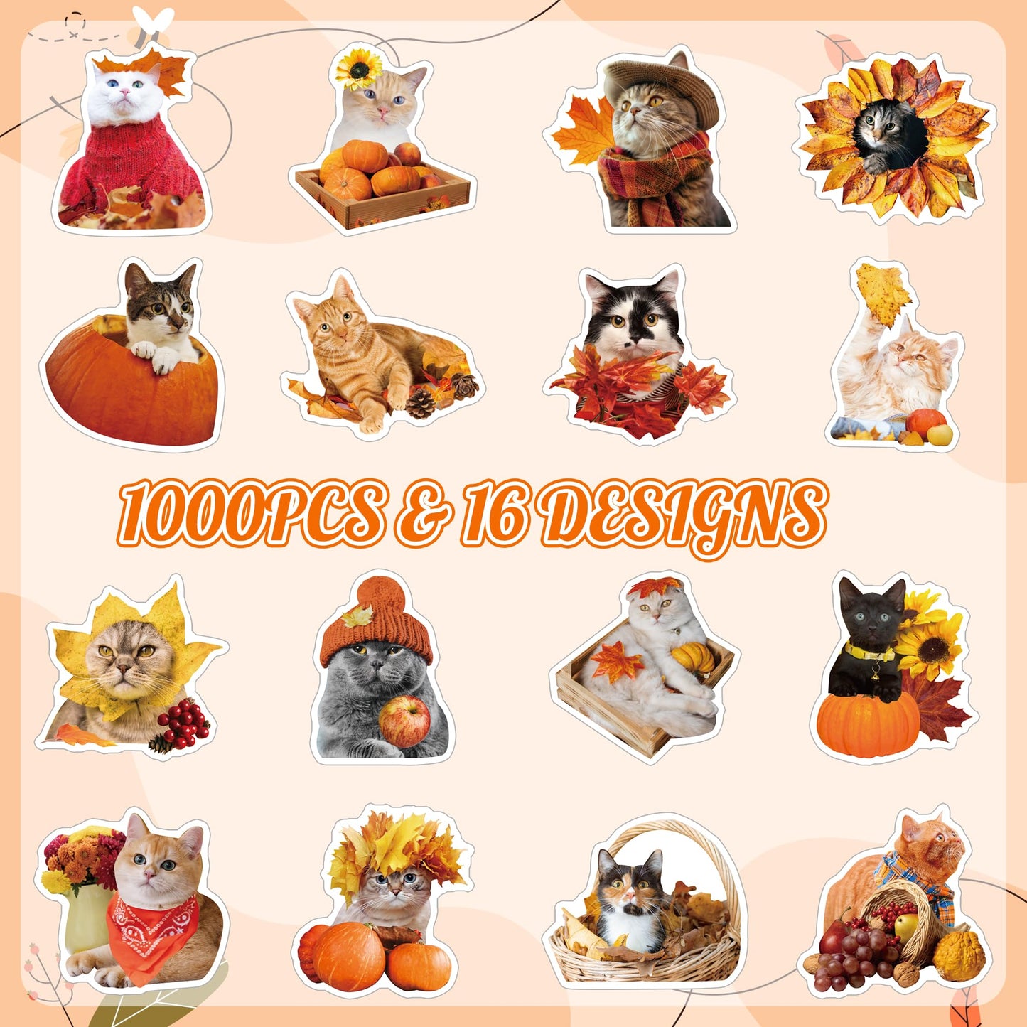 H1vojoxo Autumn Thanksgiving Sticker Rolls – 1000 Self-Adhesive Cat Designs in 2 Rolls, 16 Patterns