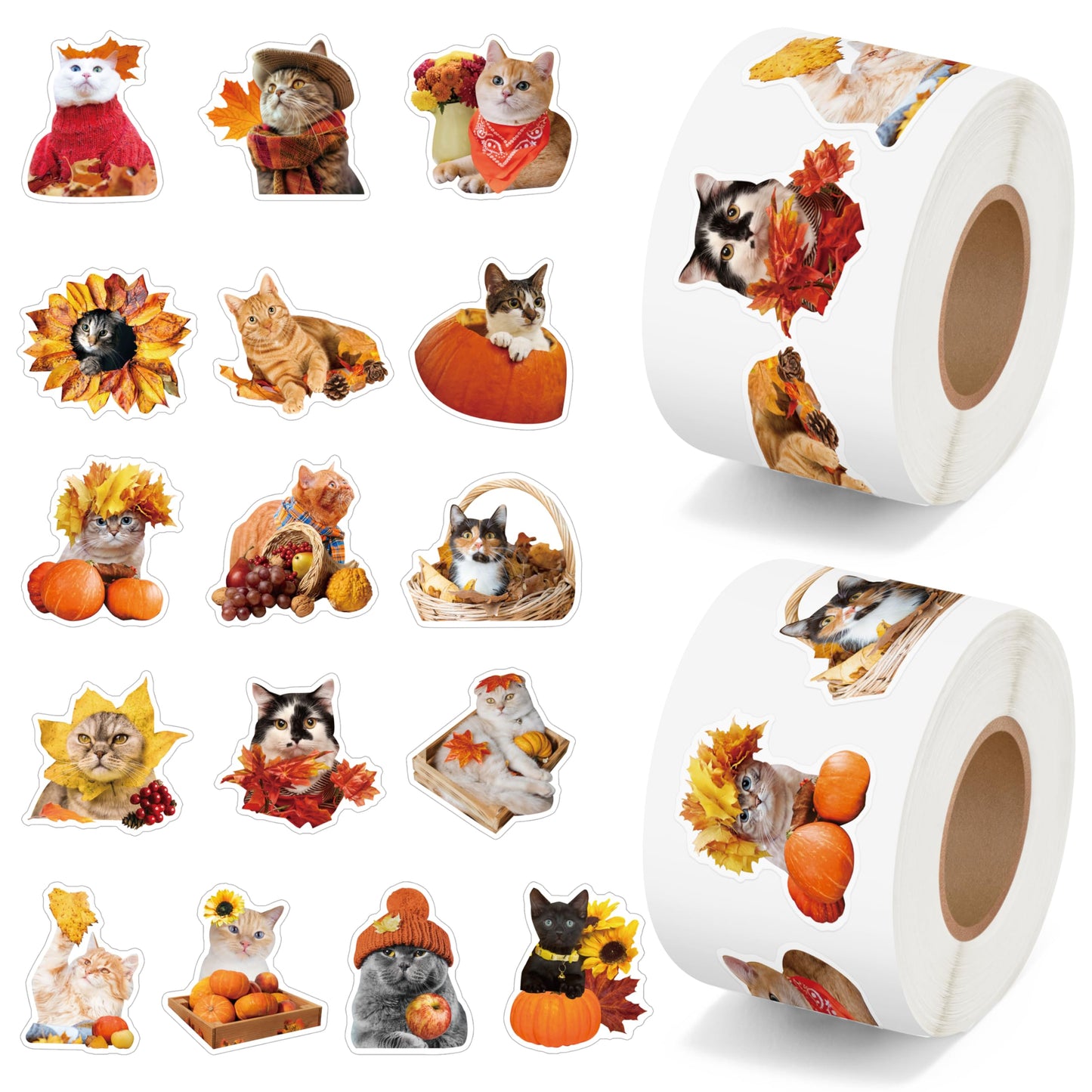 H1vojoxo Autumn Thanksgiving Sticker Rolls – 1000 Self-Adhesive Cat Designs in 2 Rolls, 16 Patterns