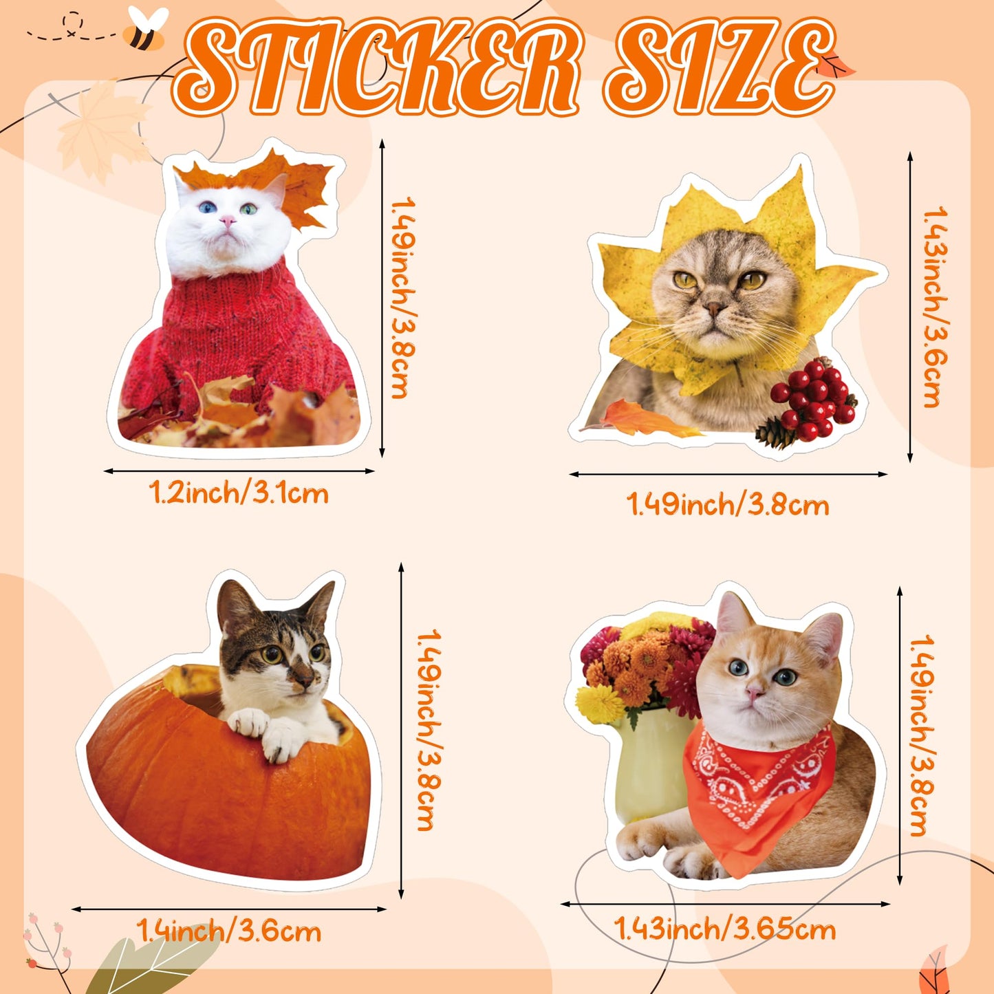 H1vojoxo Autumn Thanksgiving Sticker Rolls – 1000 Self-Adhesive Cat Designs in 2 Rolls, 16 Patterns