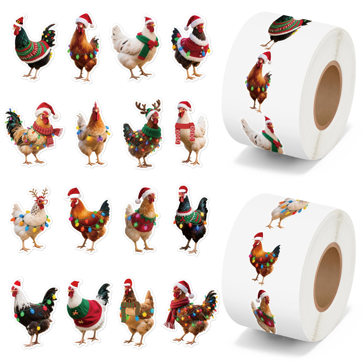 H1vojoxo Christmas Chicken Sticker Rolls – 1000 Pcs for Crafts & Gift Decoration