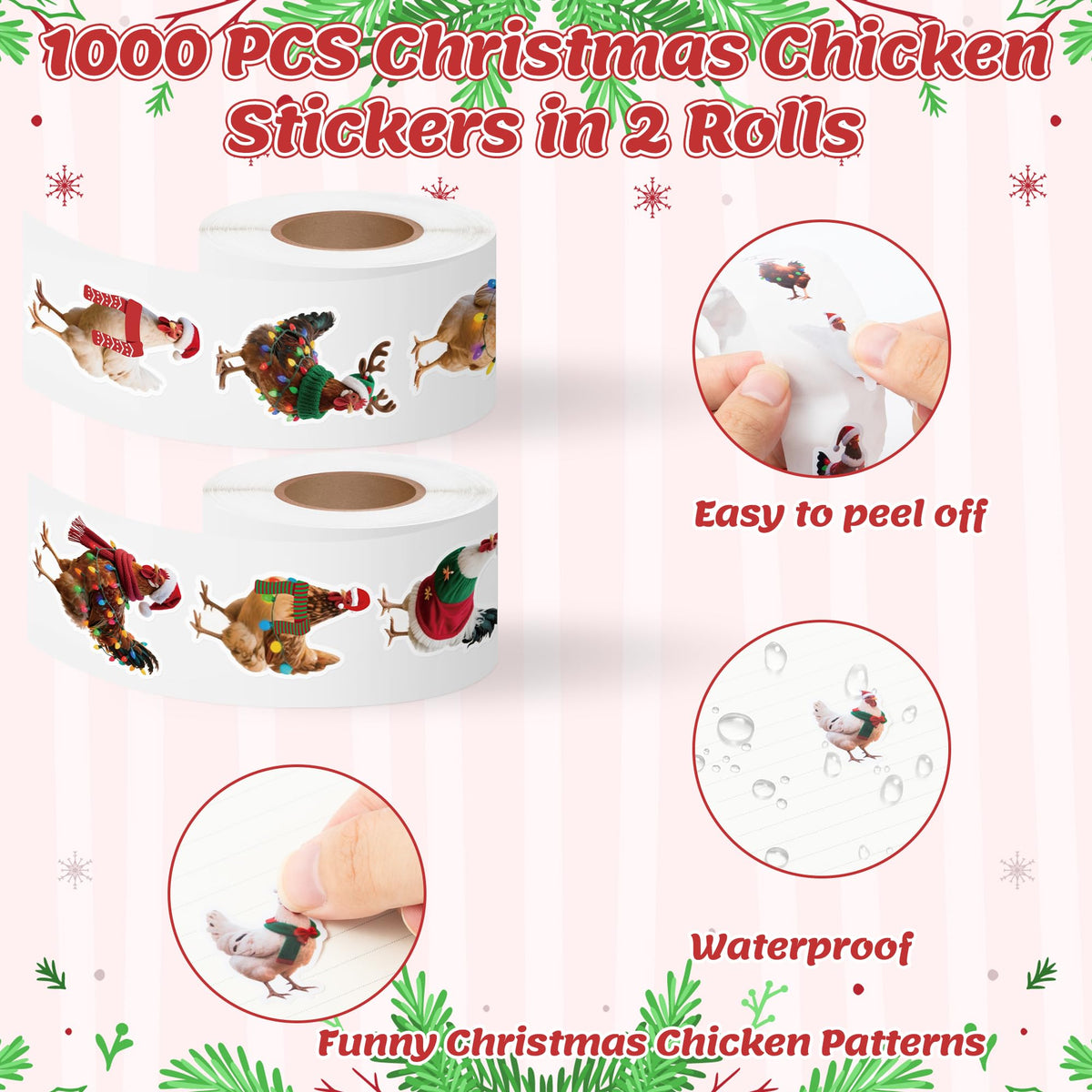 H1vojoxo Christmas Chicken Sticker Rolls – 1000 Pcs for Crafts & Gift Decoration