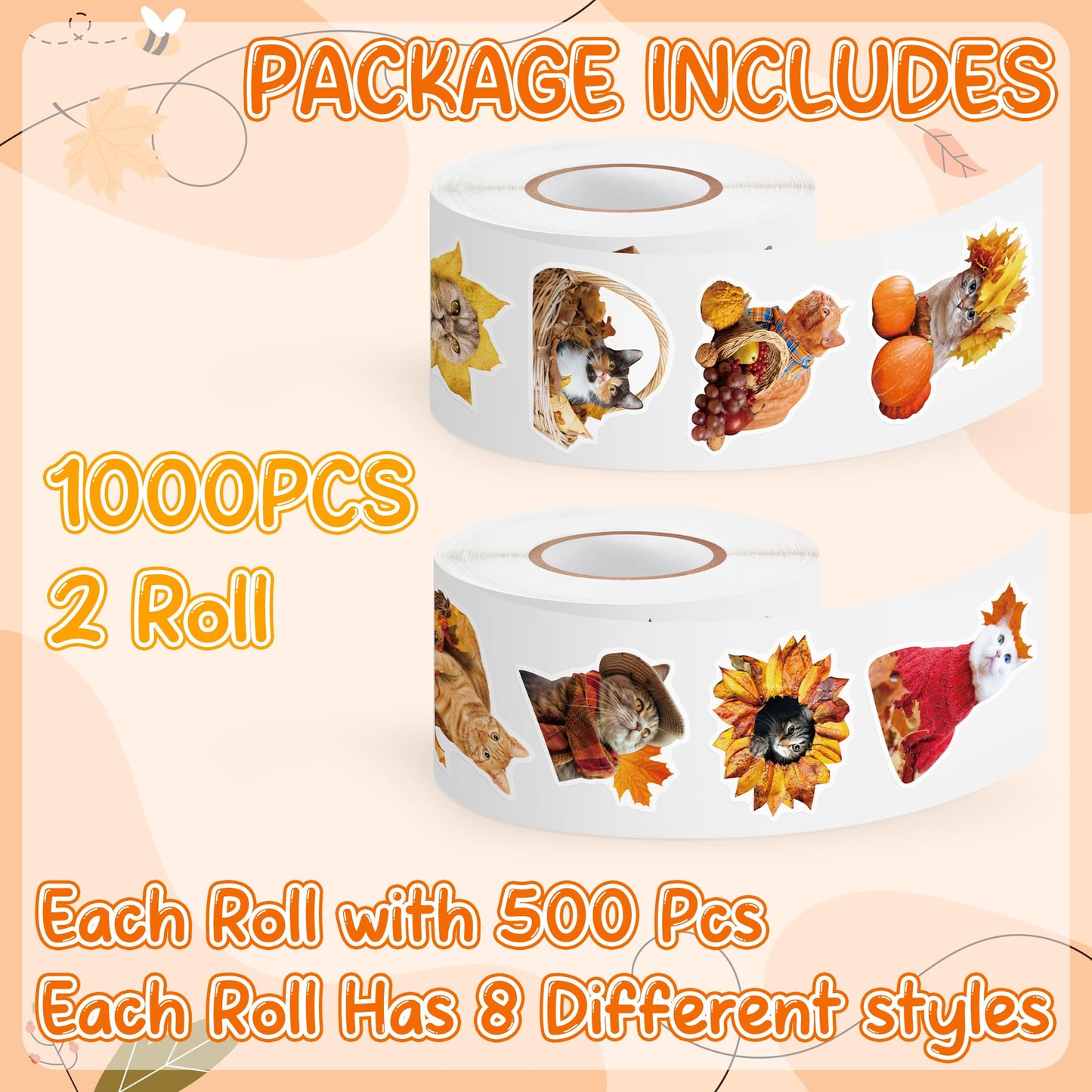 H1vojoxo Autumn Thanksgiving Sticker Rolls – 1000 Self-Adhesive Cat Designs in 2 Rolls, 16 Patterns