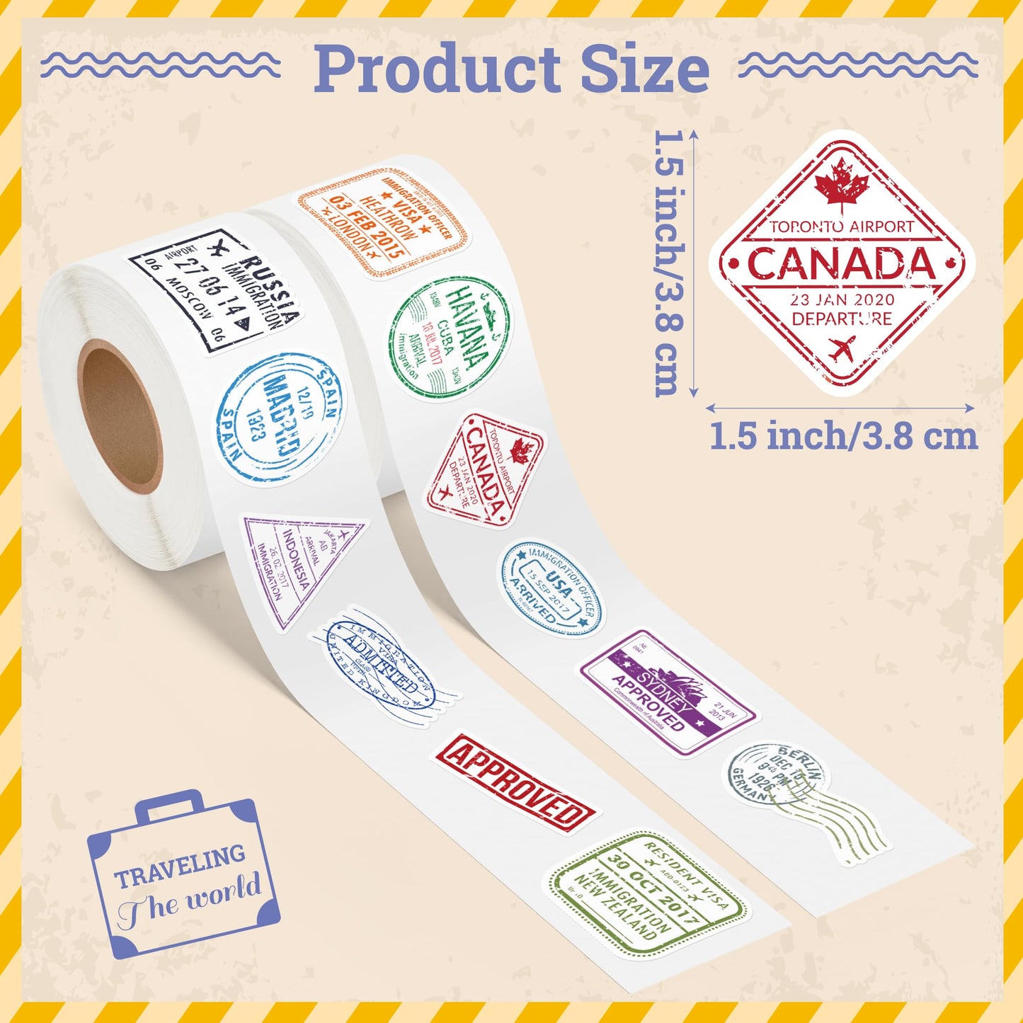 H1vojoxo Passport Stamps Rolls – 1000PCS Vintage Travel Stickers for Luggage, Scrapbooks & Crafts