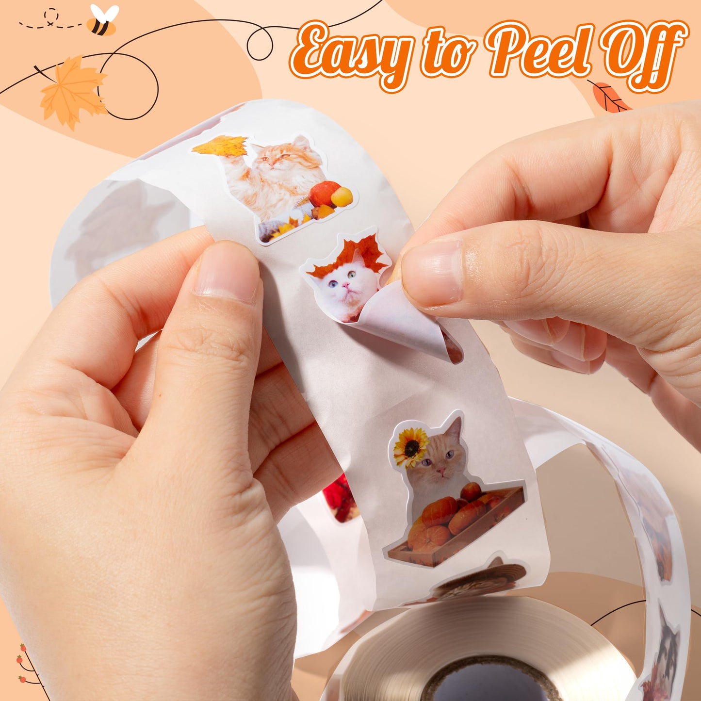 H1vojoxo Autumn Thanksgiving Sticker Rolls – 1000 Self-Adhesive Cat Designs in 2 Rolls, 16 Patterns