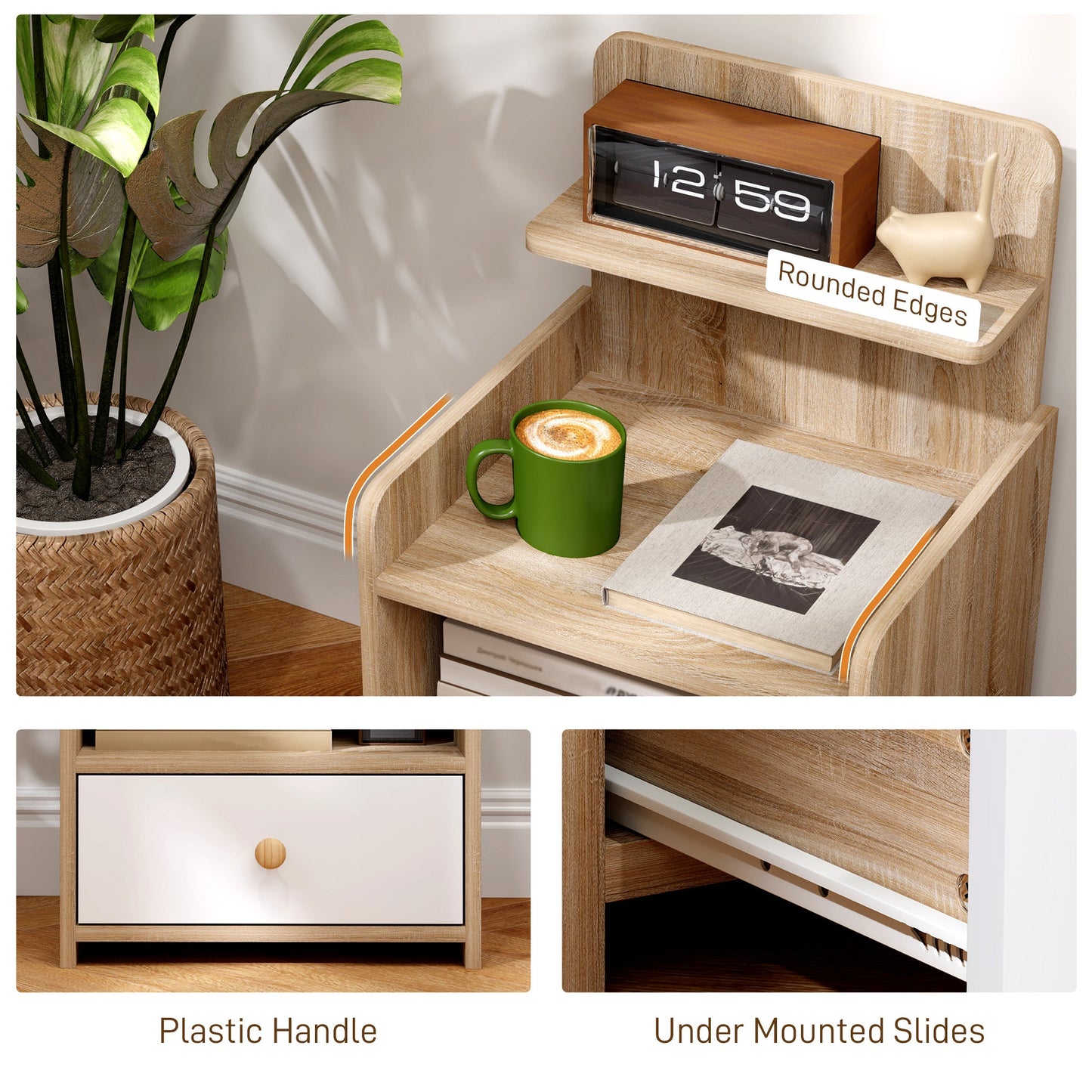 HOMCOM Bedside Table with Drawer for Bedroom, Living Room, Natural Wood Effect