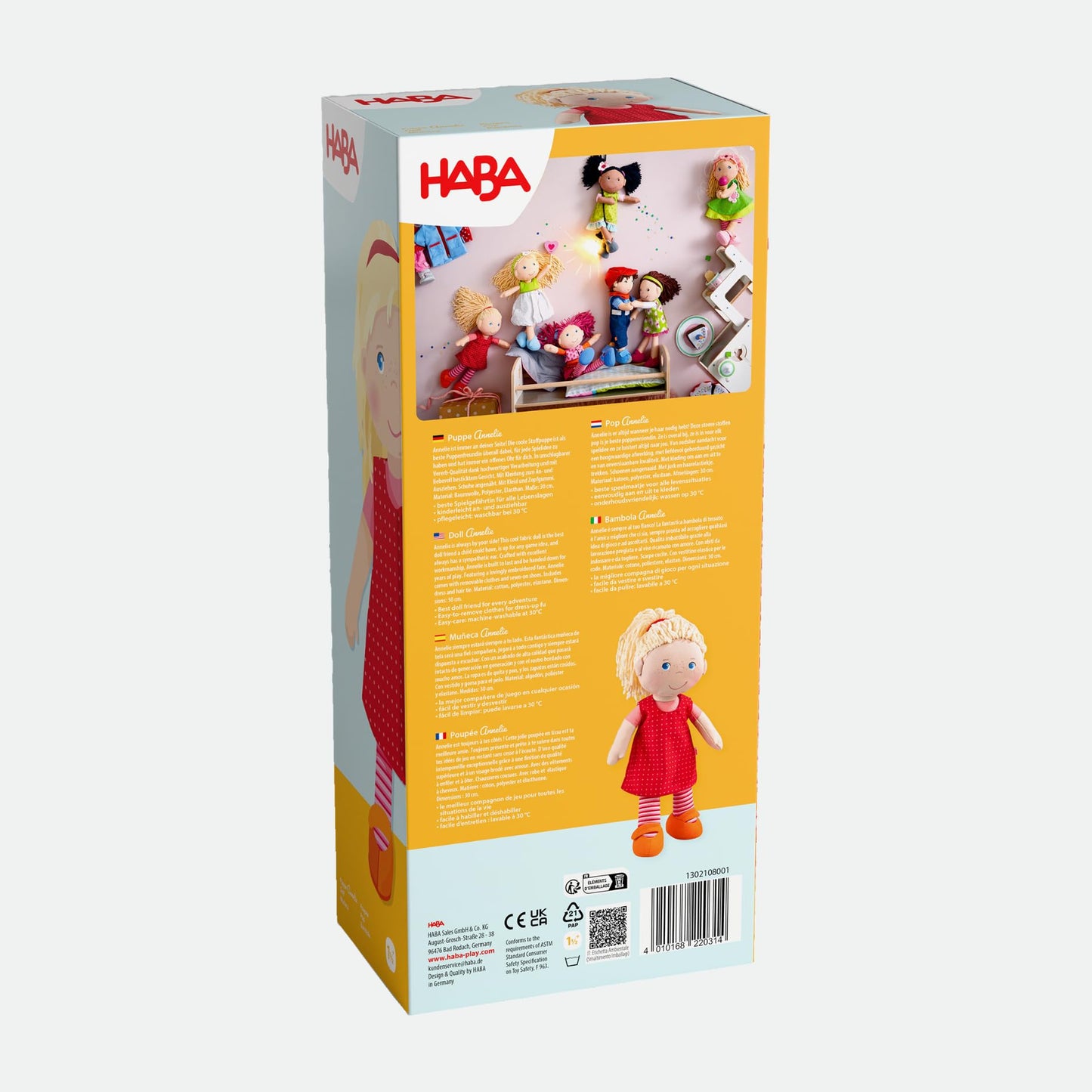 HABA 12-inch Soft Baby Doll Annelie – Embroidered Face, Removable Red Dress & Blonde Hair | 18 Months+