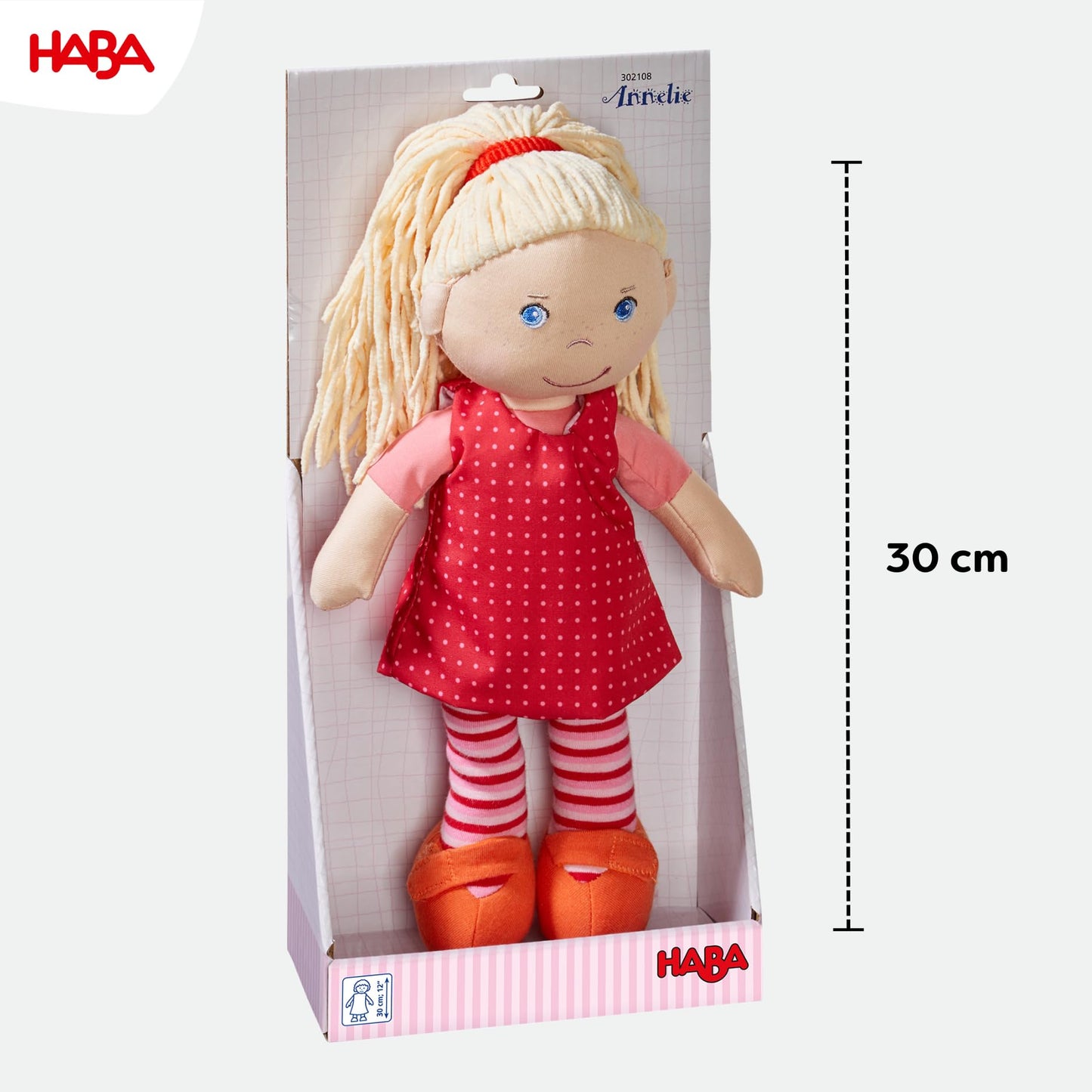 HABA 12-inch Soft Baby Doll Annelie – Embroidered Face, Removable Red Dress & Blonde Hair | 18 Months+