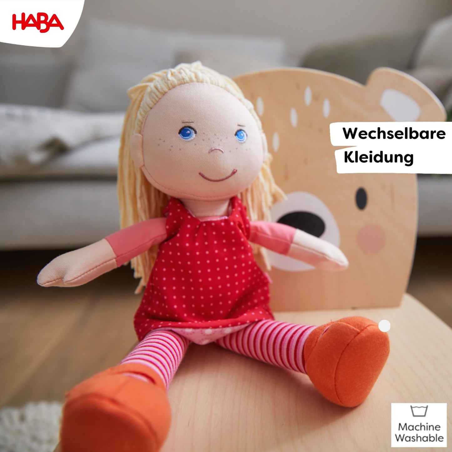 HABA 12-inch Soft Baby Doll Annelie – Embroidered Face, Removable Red Dress & Blonde Hair | 18 Months+