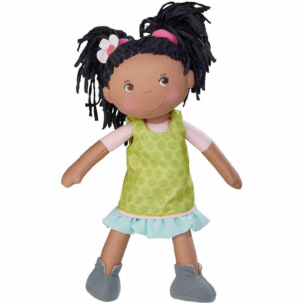 HABA Cari 12in Black Baby Doll - Embroidered Face, Removable Green Dress, Machine Washable