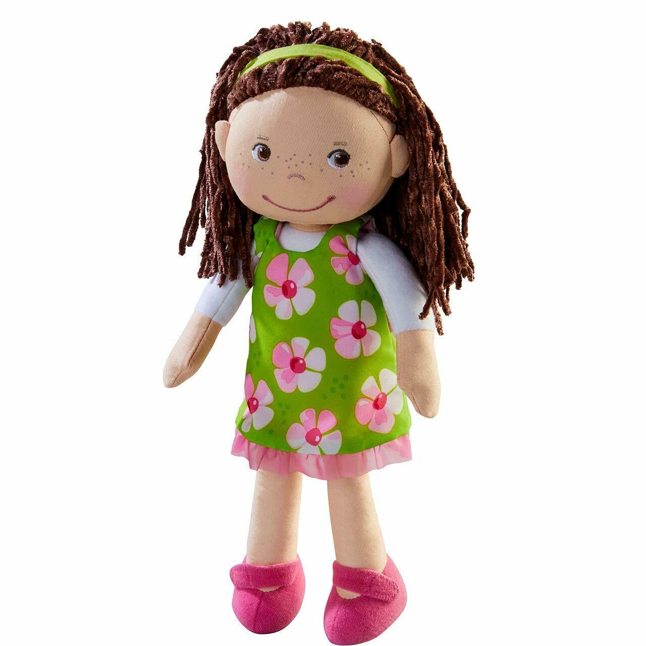 HABA Coco 12-Inch Soft Baby Doll – Embroidered Face, Brown Hair, Removable Green Dress | Machine Washable Toddler Toy