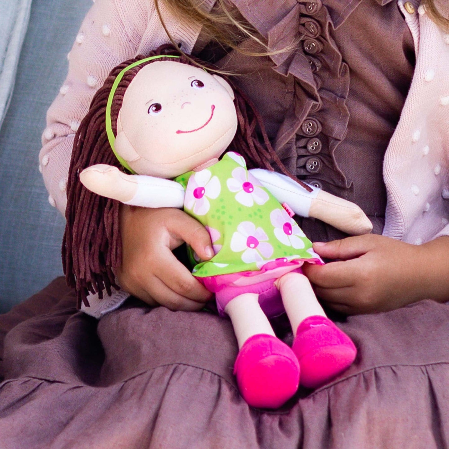 HABA Coco 12-Inch Soft Baby Doll – Embroidered Face, Brown Hair, Removable Green Dress | Machine Washable Toddler Toy