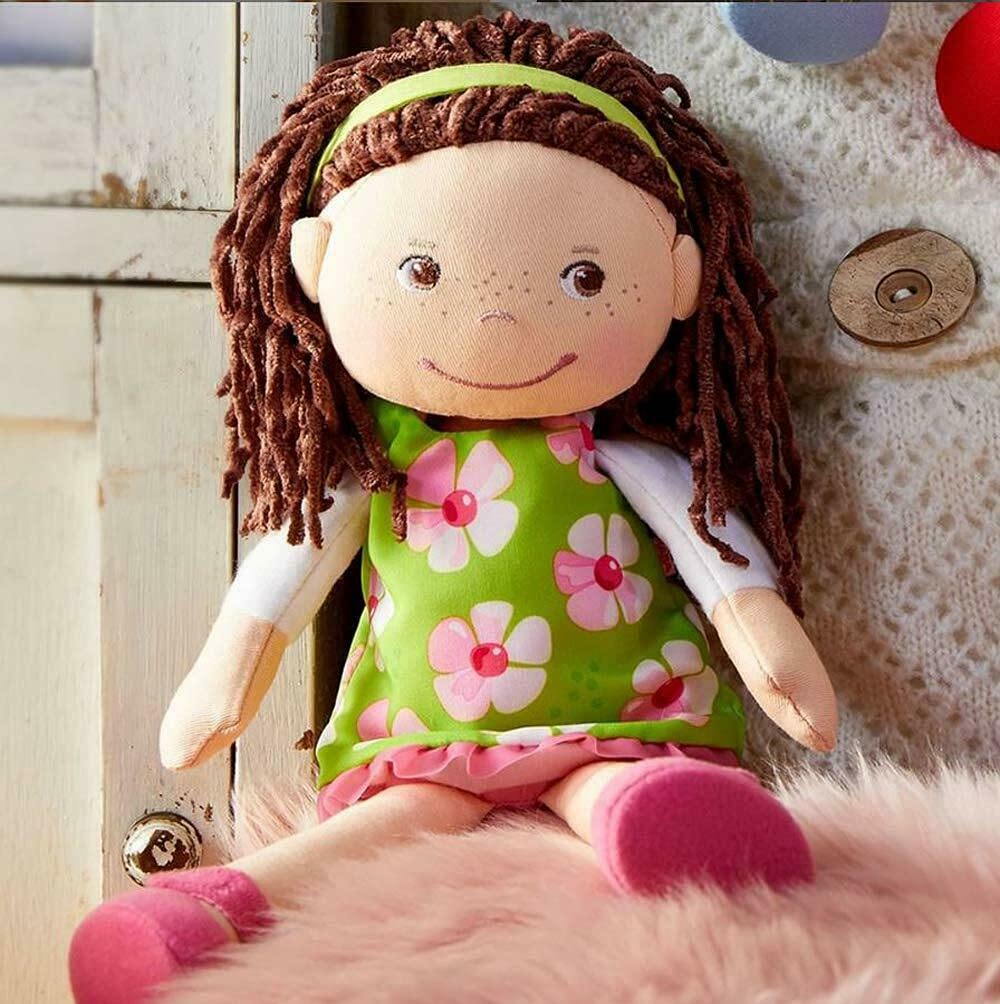 HABA Coco 12-Inch Soft Baby Doll – Embroidered Face, Brown Hair, Removable Green Dress | Machine Washable Toddler Toy