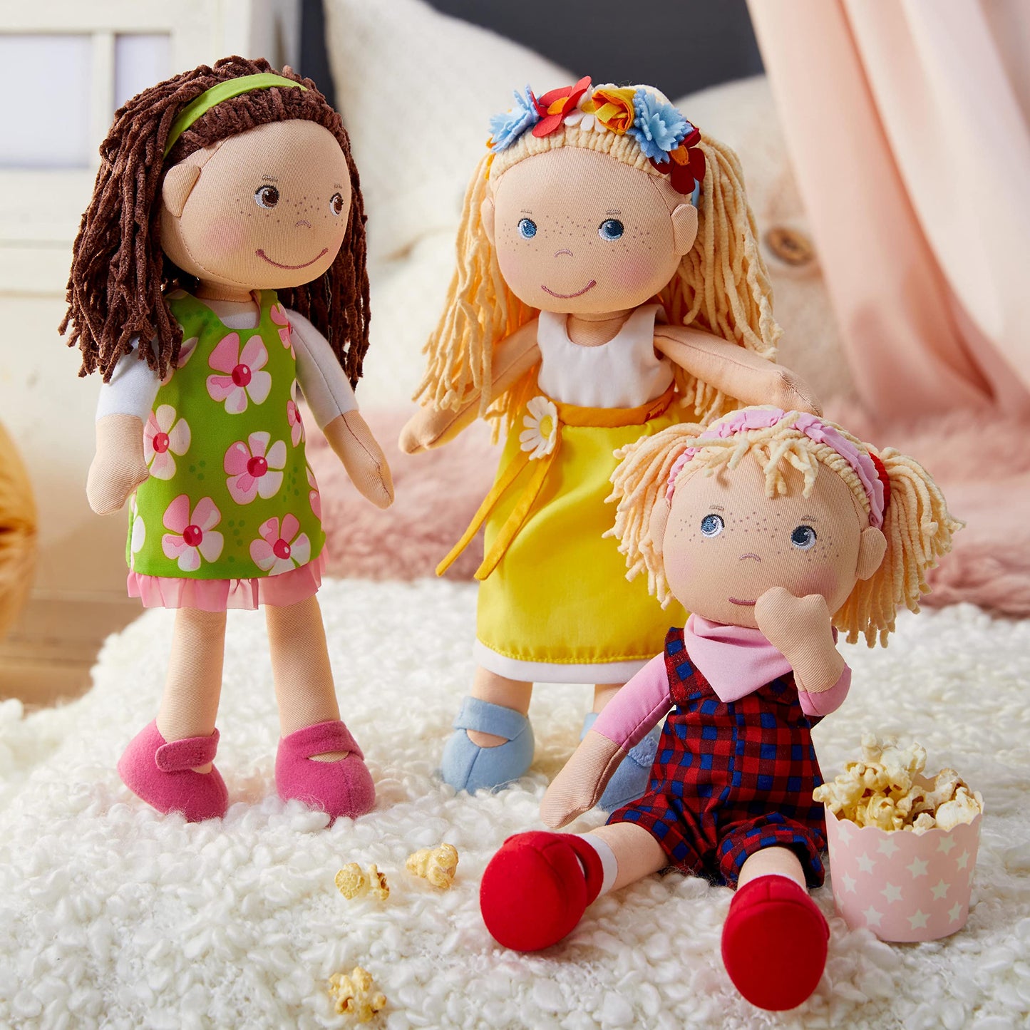 HABA Coco 12-Inch Soft Baby Doll – Embroidered Face, Brown Hair, Removable Green Dress | Machine Washable Toddler Toy