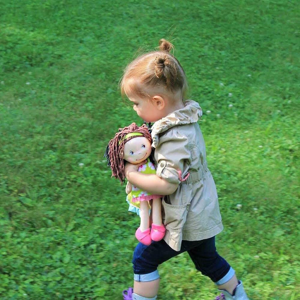 HABA Coco 12-Inch Soft Baby Doll – Embroidered Face, Brown Hair, Removable Green Dress | Machine Washable Toddler Toy