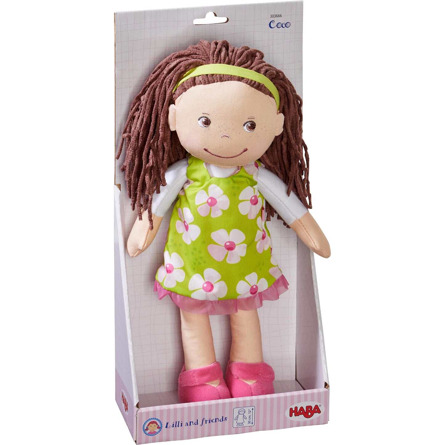 HABA Coco 12-Inch Soft Baby Doll – Embroidered Face, Brown Hair, Removable Green Dress | Machine Washable Toddler Toy