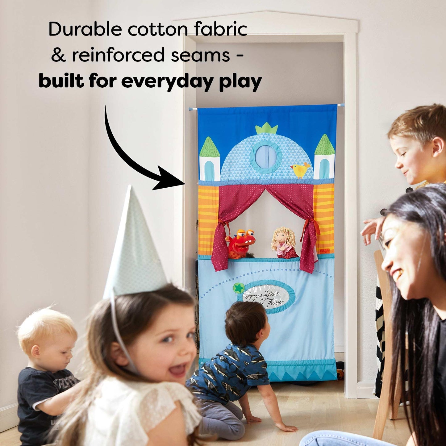 HABA Doorway Puppet Theater – Space-Saving, Adjustable Rod for Pretend Play (3+)