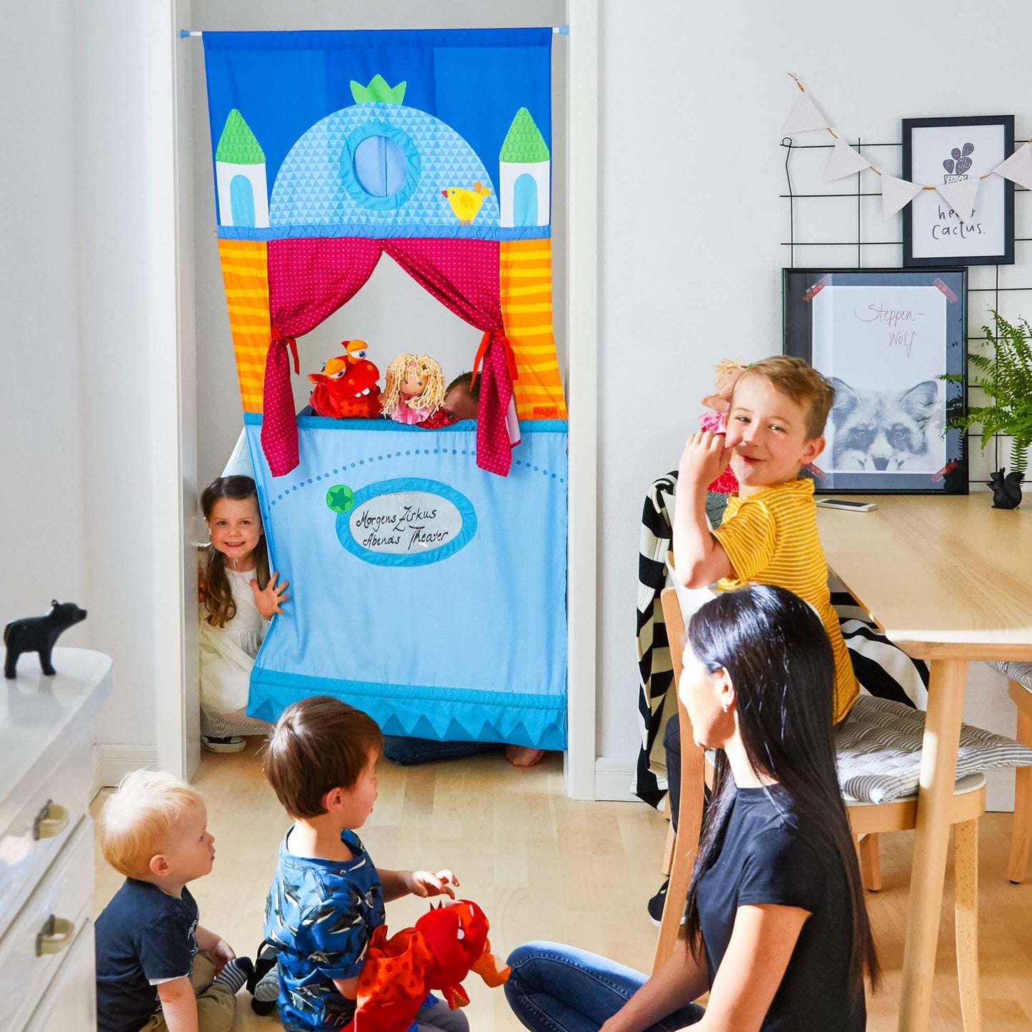 HABA Doorway Puppet Theater – Space-Saving, Adjustable Rod for Pretend Play (3+)