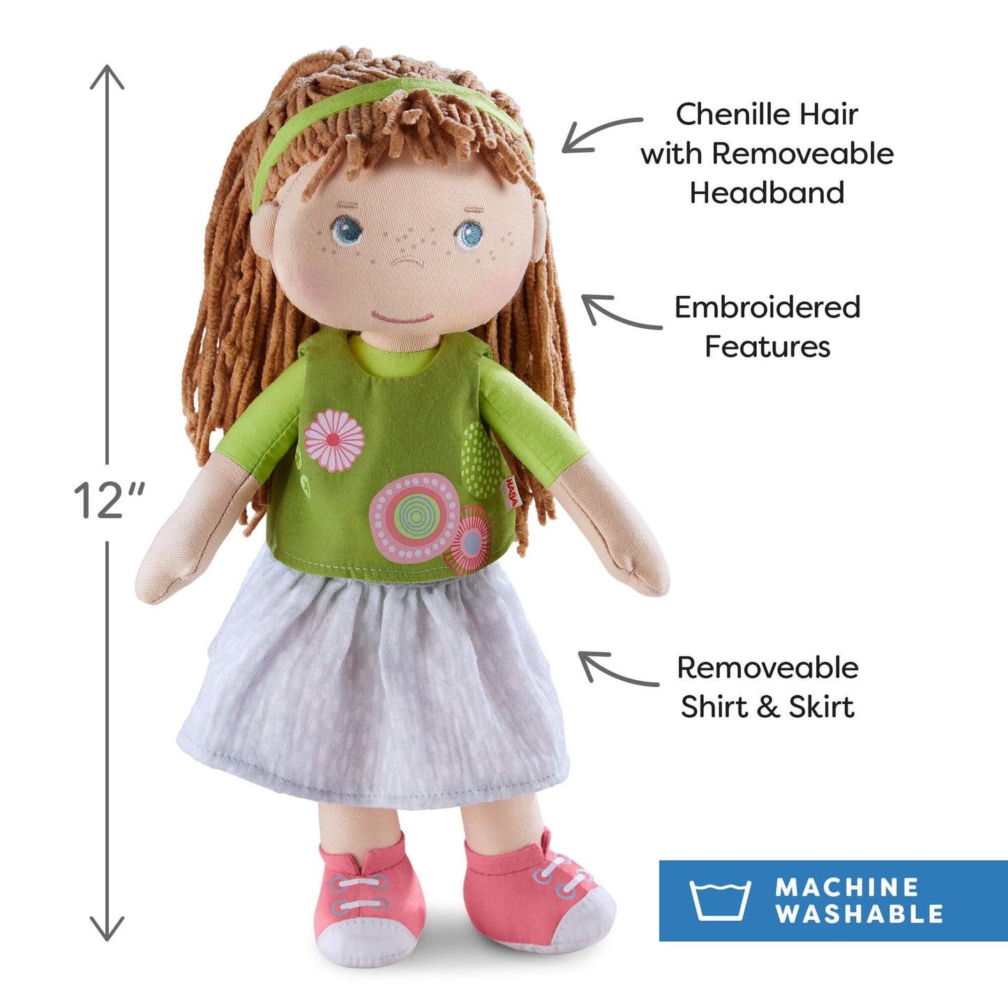 HABA Hedda 12-Inch Soft Baby Doll — Embroidered Face, Brown Hair, Blue Eyes, Washable for Toddlers 18 Months+