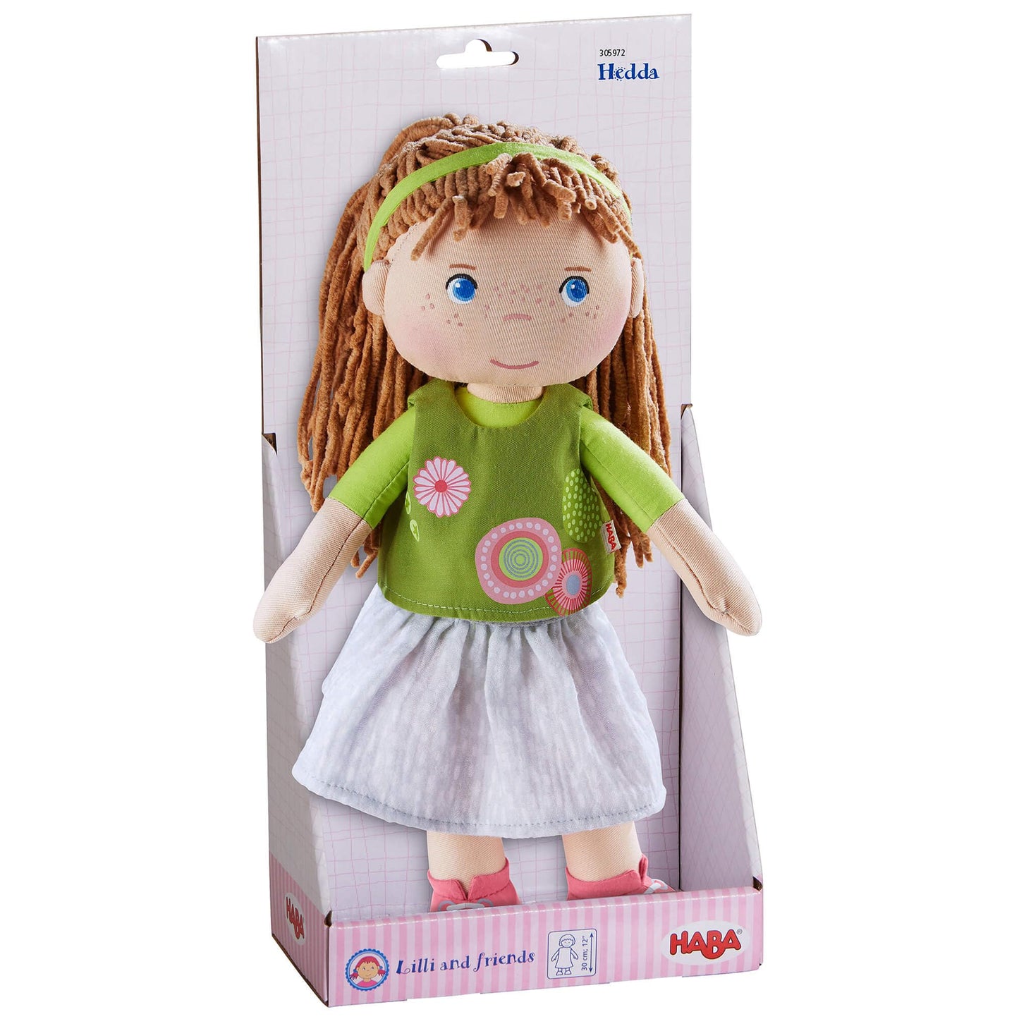 HABA Hedda 12-Inch Soft Baby Doll — Embroidered Face, Brown Hair, Blue Eyes, Washable for Toddlers 18 Months+