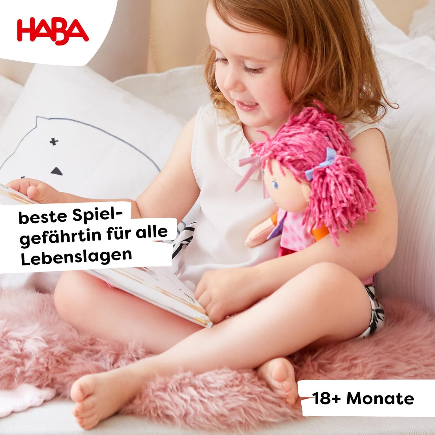 HABA Lilli-Lou 12-inch Soft Doll – Pink Hair, Embroidered Face, Machine Washable for Ages 18 Months+