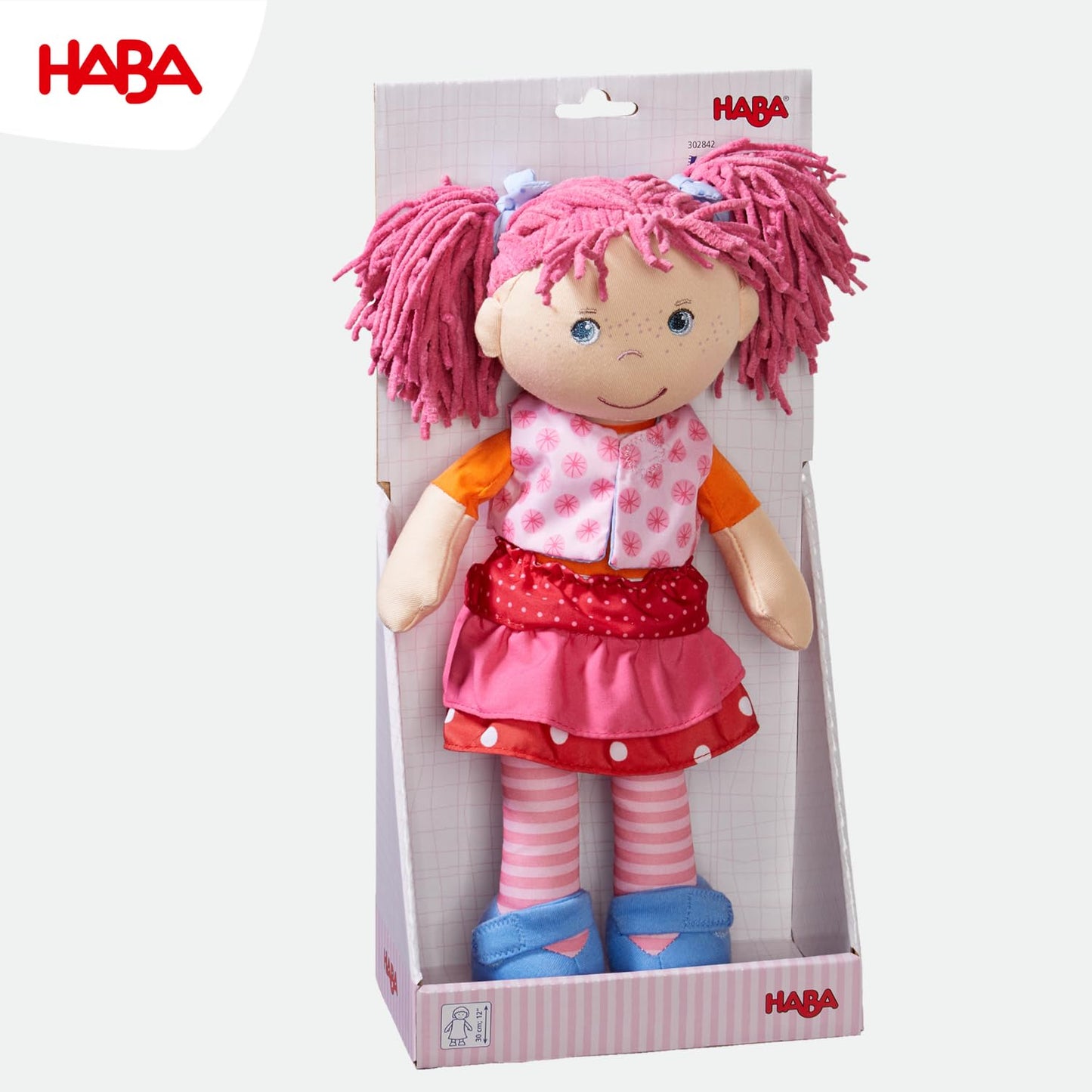 HABA Lilli-Lou 12-inch Soft Doll – Pink Hair, Embroidered Face, Machine Washable for Ages 18 Months+