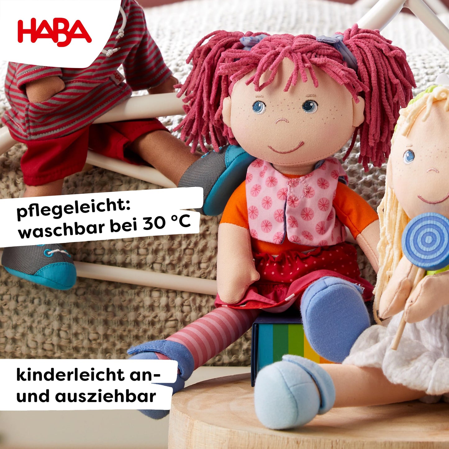 HABA Lilli-Lou 12-inch Soft Doll – Pink Hair, Embroidered Face, Machine Washable for Ages 18 Months+