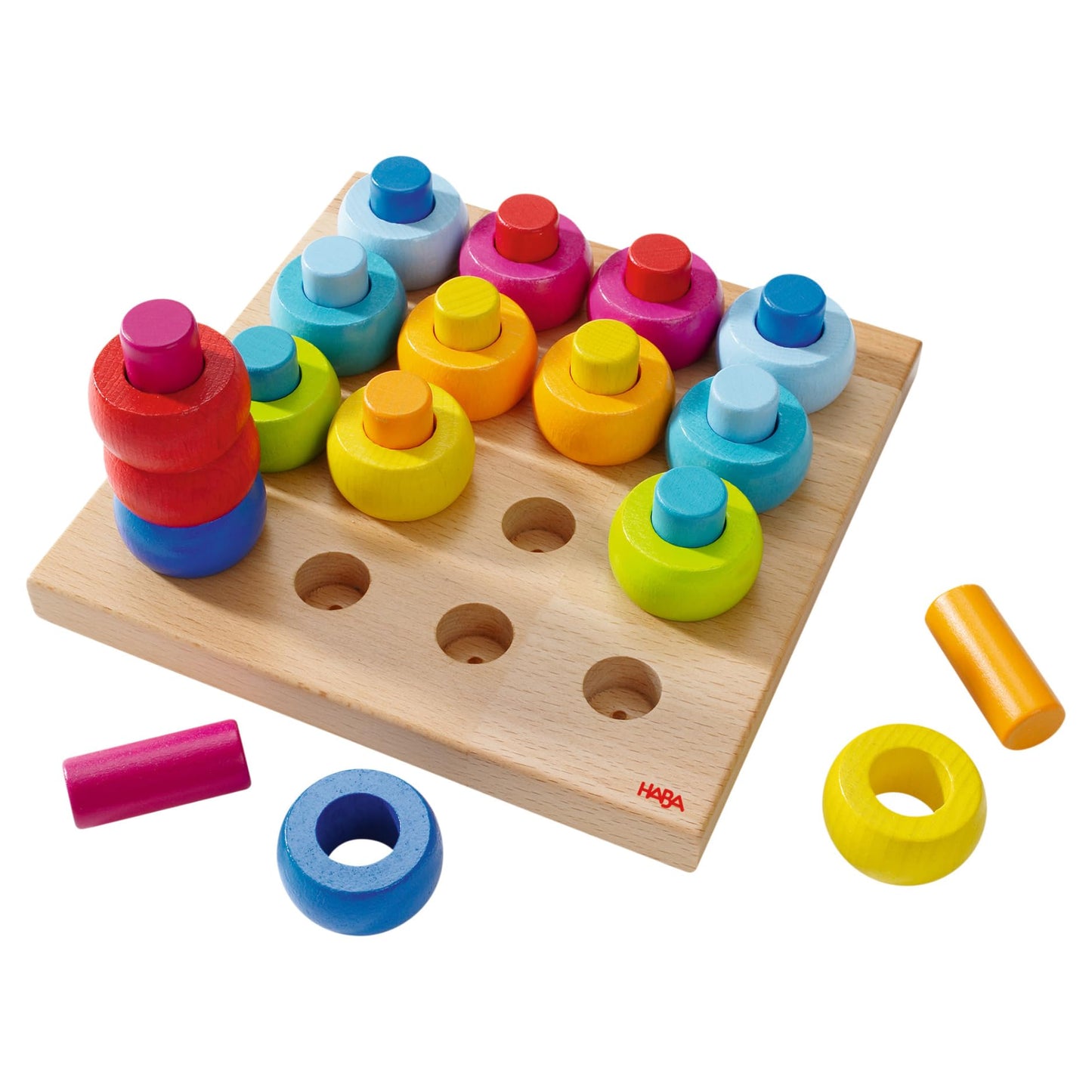 HABA Rainbow Whirls: Wooden Sorting & Stacking Rings Shape Sorter – Educational Toy for 2 Years & Up, Made in Germany