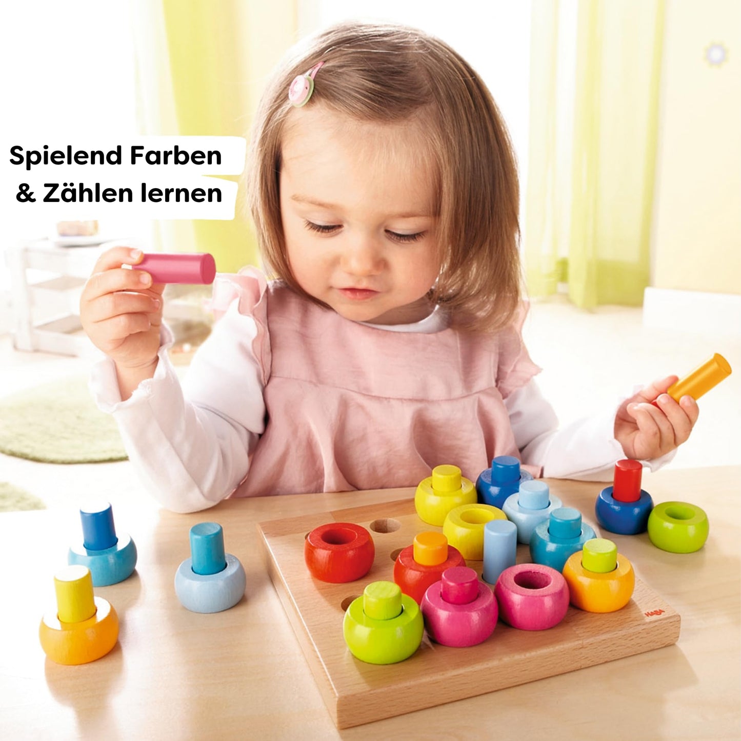 HABA Rainbow Whirls: Wooden Sorting & Stacking Rings Shape Sorter – Educational Toy for 2 Years & Up, Made in Germany
