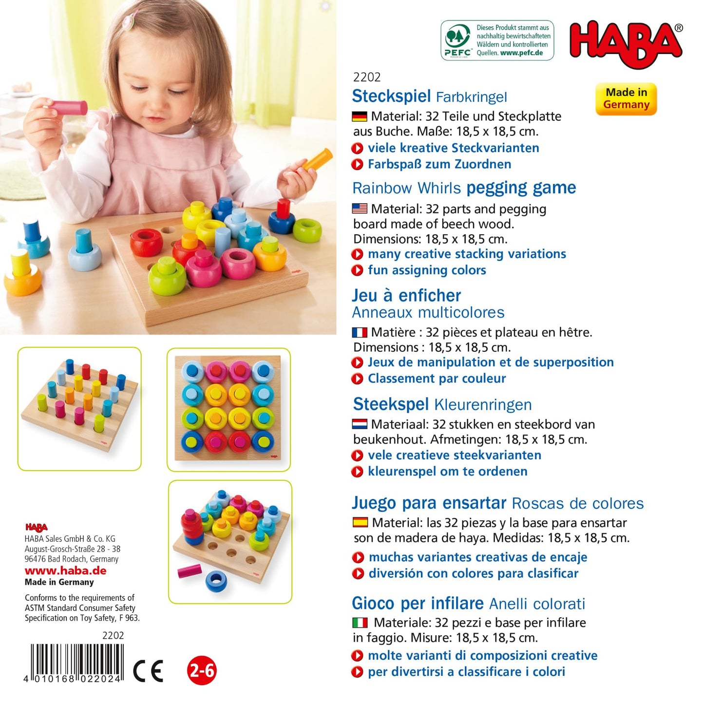 HABA Rainbow Whirls: Wooden Sorting & Stacking Rings Shape Sorter – Educational Toy for 2 Years & Up, Made in Germany