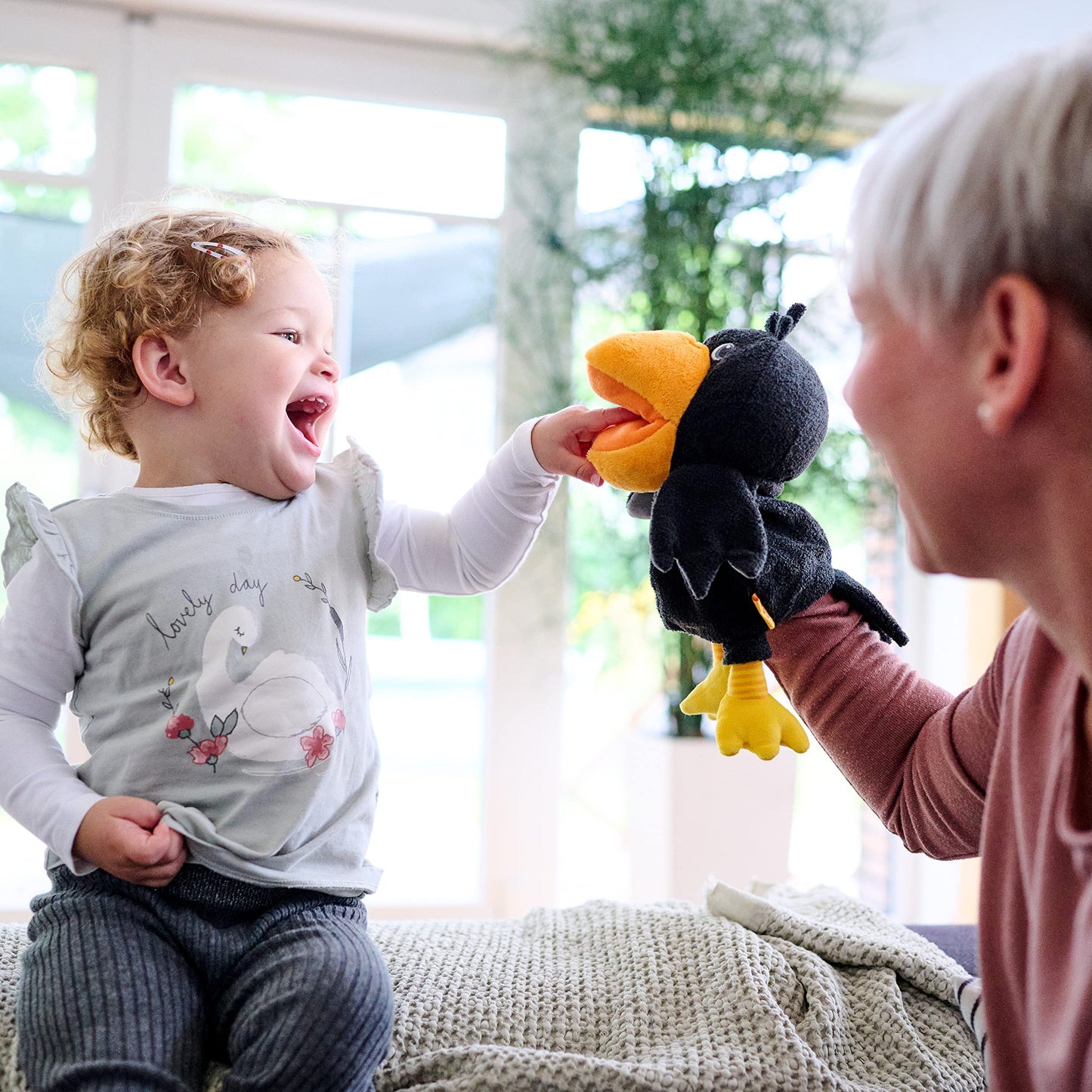 HABA Theo the Raven Hand Puppet – Interactive Toddler Puppet Show Toy with Cherries (18 Months+)