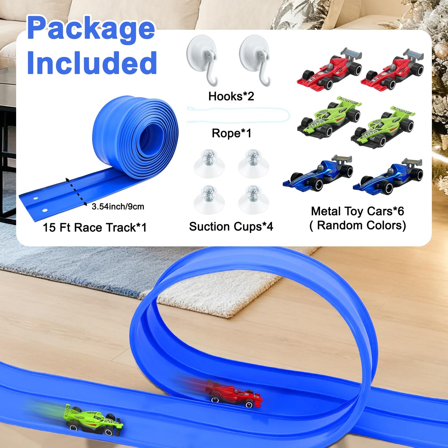 HACOCOLA 15 Ft Flexible Race Track Set with 6 Cars – Indoor & Outdoor