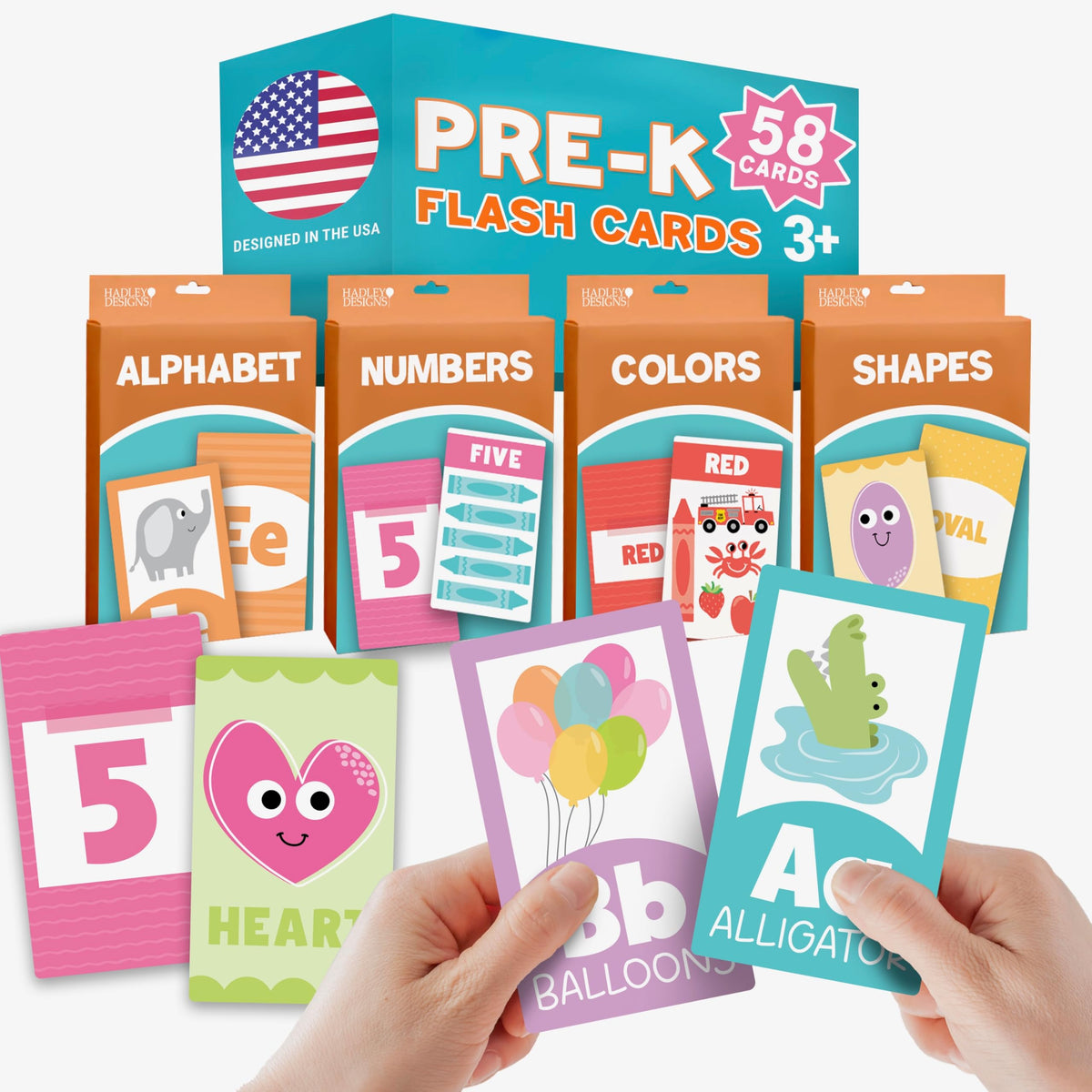 Hadley Designs Learning Flash Cards for Toddlers 1-3 – ABC, Numbers, Colors & Shapes (58 Cards)