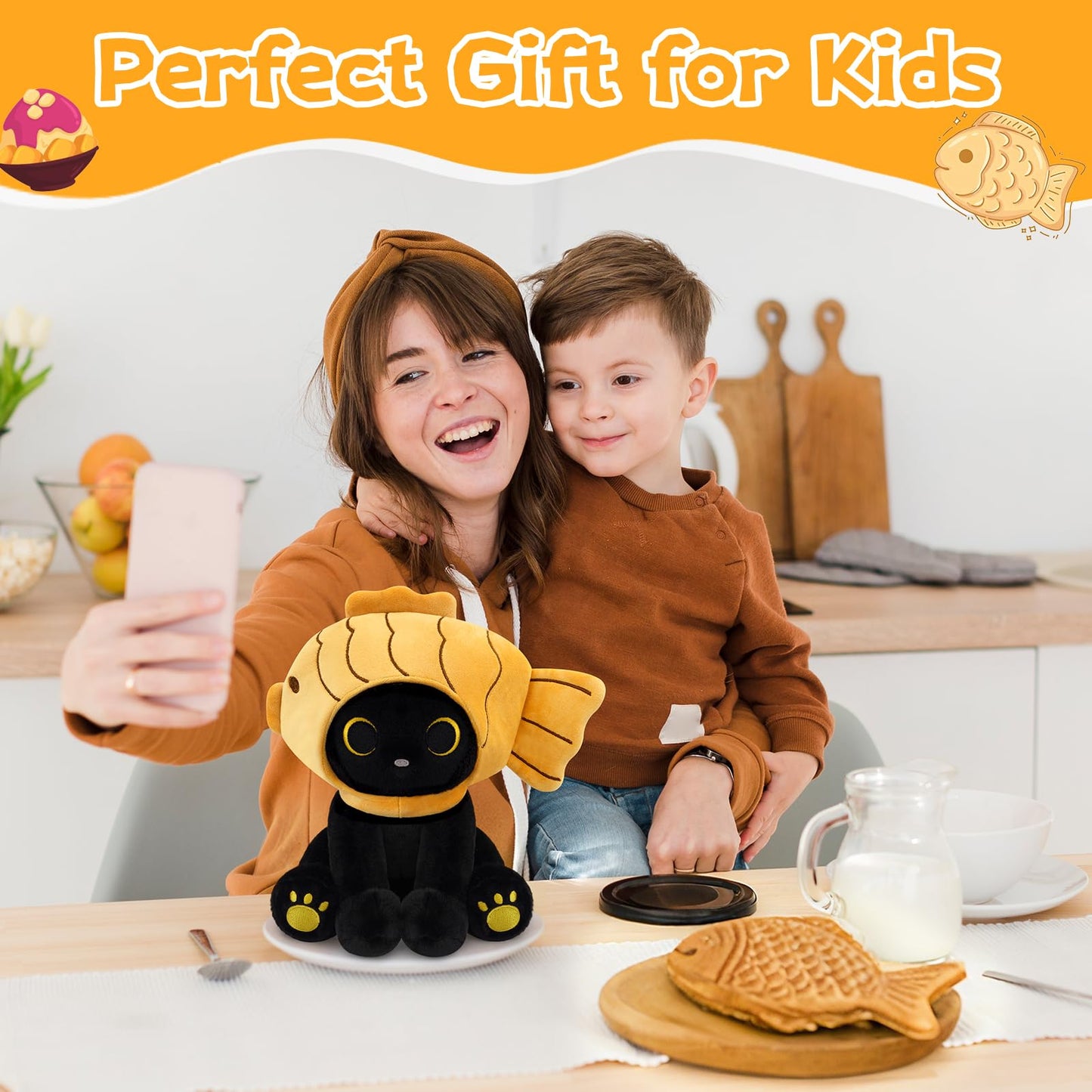 Hagusahuo 8-Inch Black Cat Plush with Removable Taiyaki Hood – Kawaii Toy