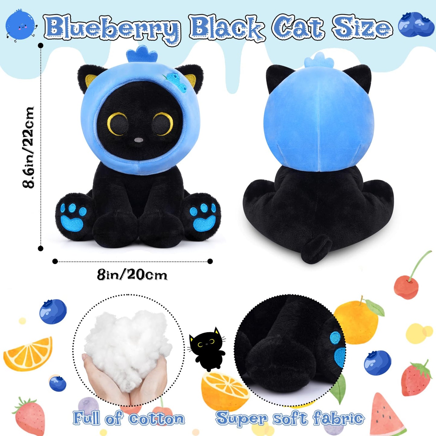 Hagusahuo Black Cat Plush – 8in Blueberry Headpiece Cat Toy for Kids
