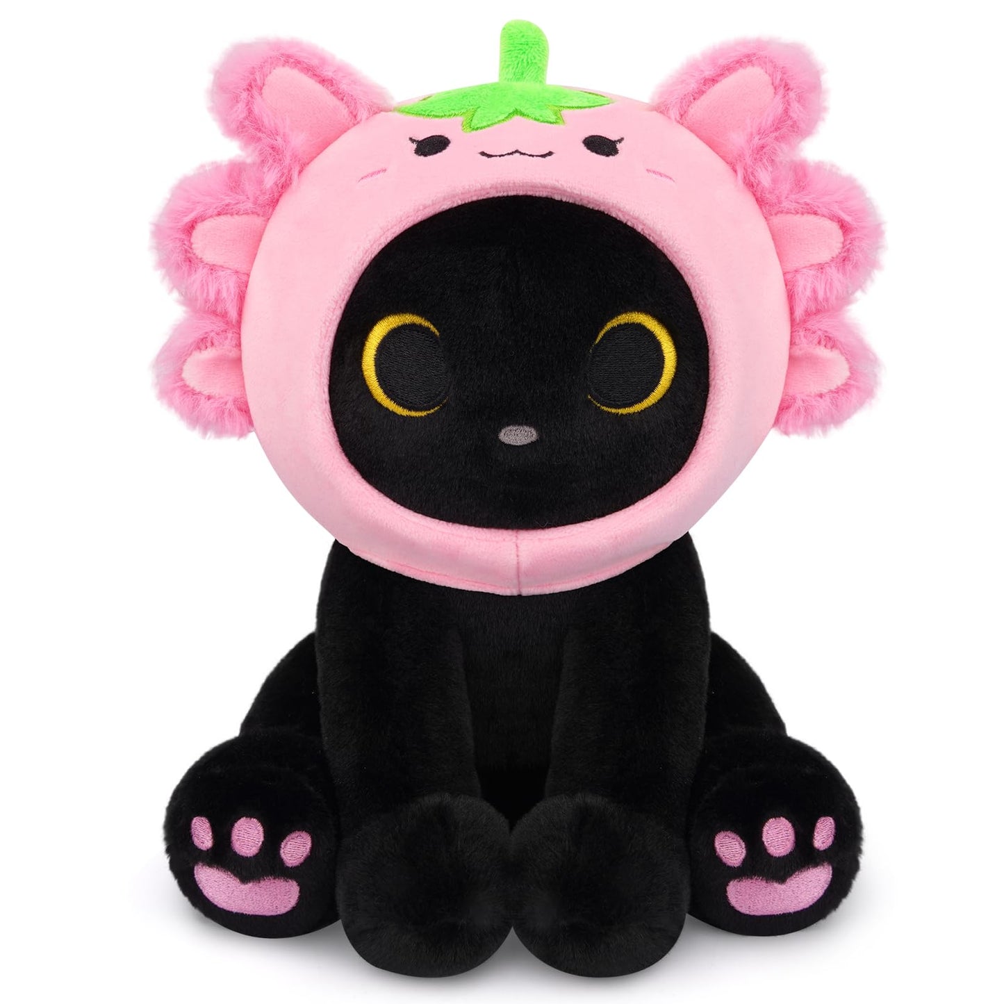 Hagusahuo Axolotl Plush Toy – 8-Inch Black Cat with Removable Strawberry Hat | Soft Plush Doll