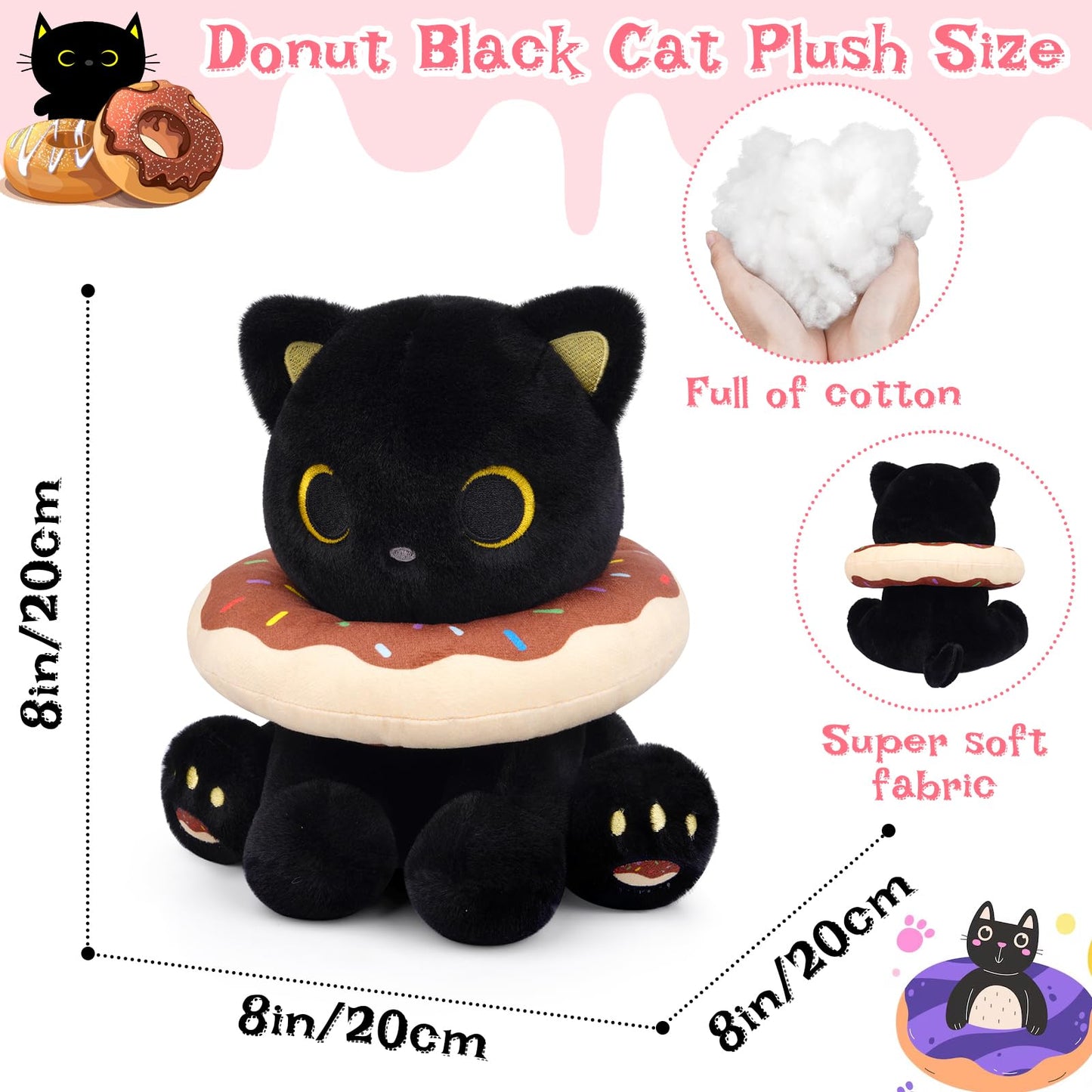 Hagusahuo Black Cat Plush – 8-Inch Donut Headpiece Kawaii Stuffed Animal