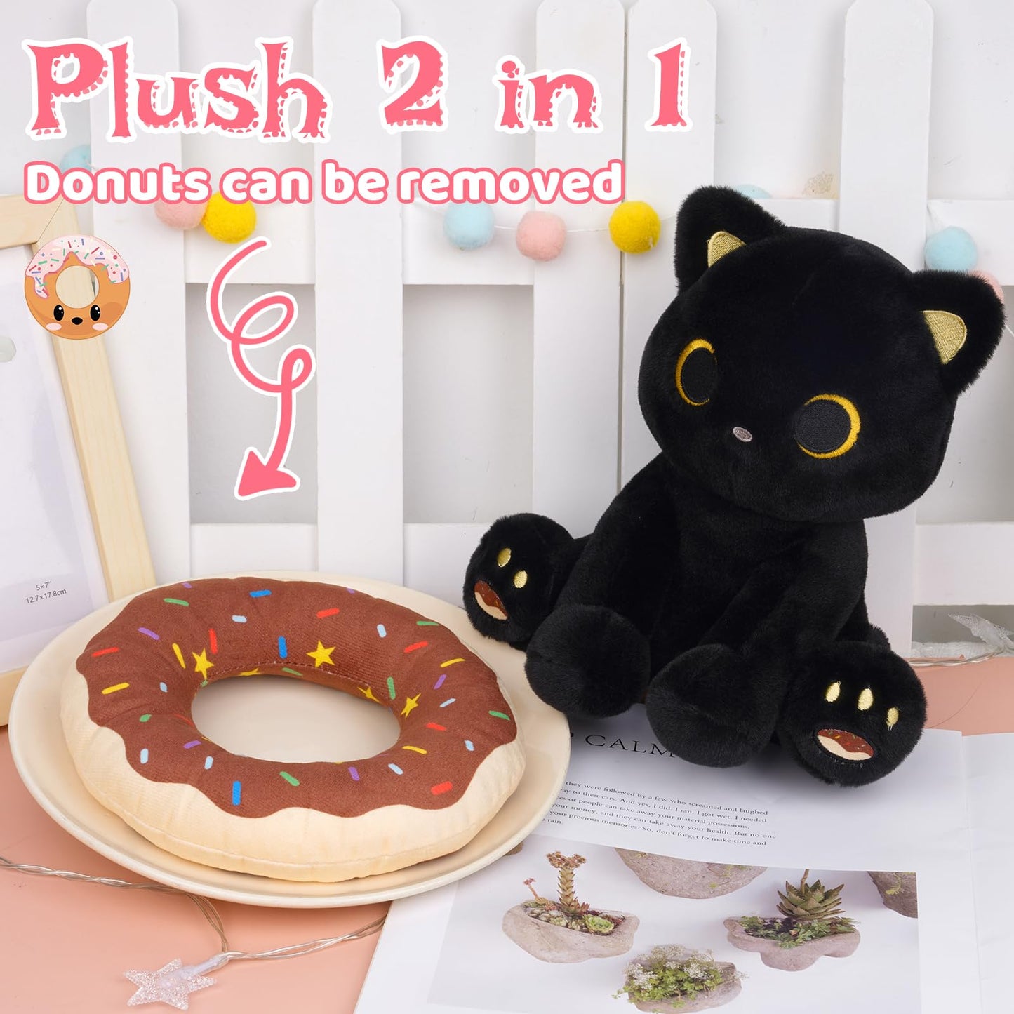 Hagusahuo Black Cat Plush – 8-Inch Donut Headpiece Kawaii Stuffed Animal