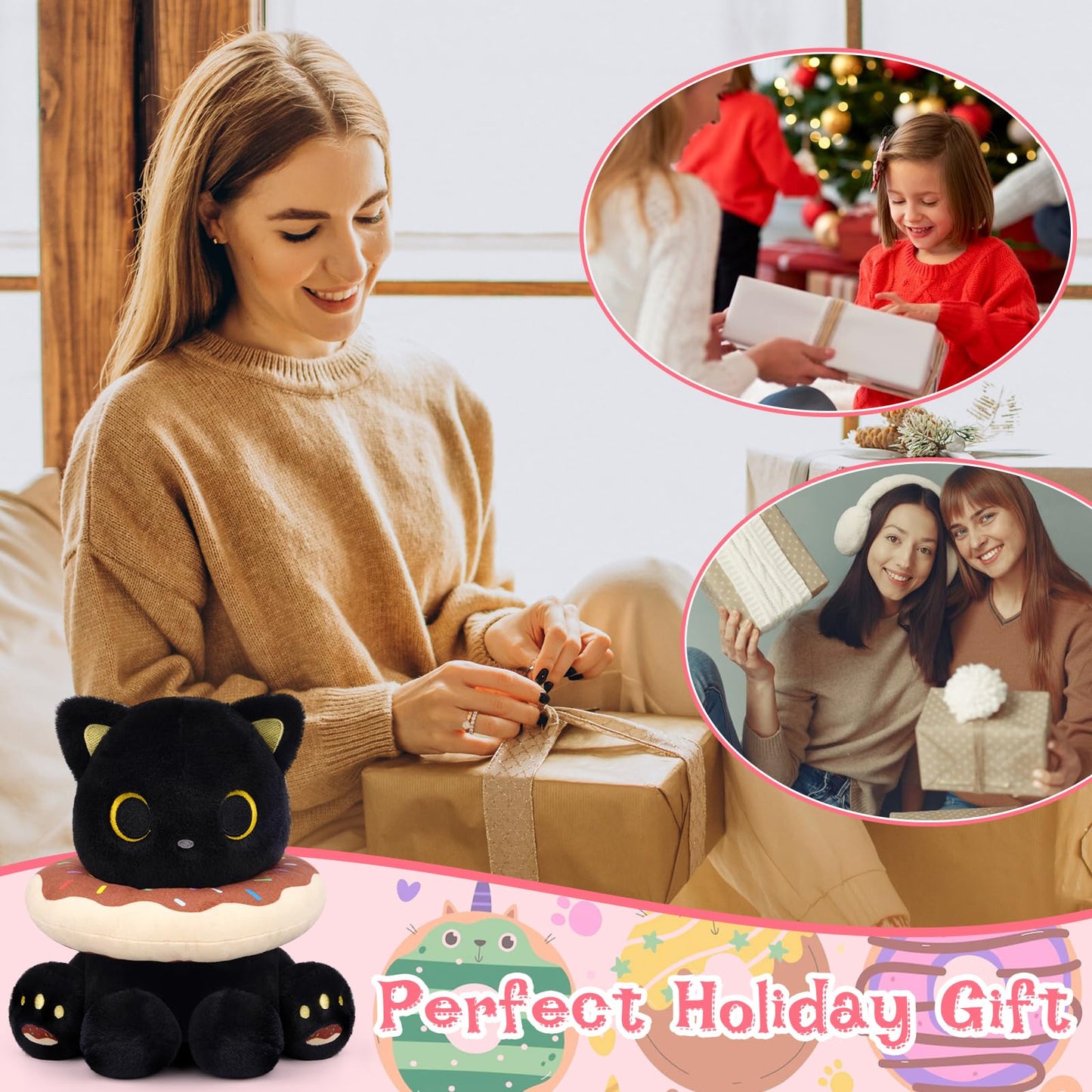 Hagusahuo Black Cat Plush – 8-Inch Donut Headpiece Kawaii Stuffed Animal