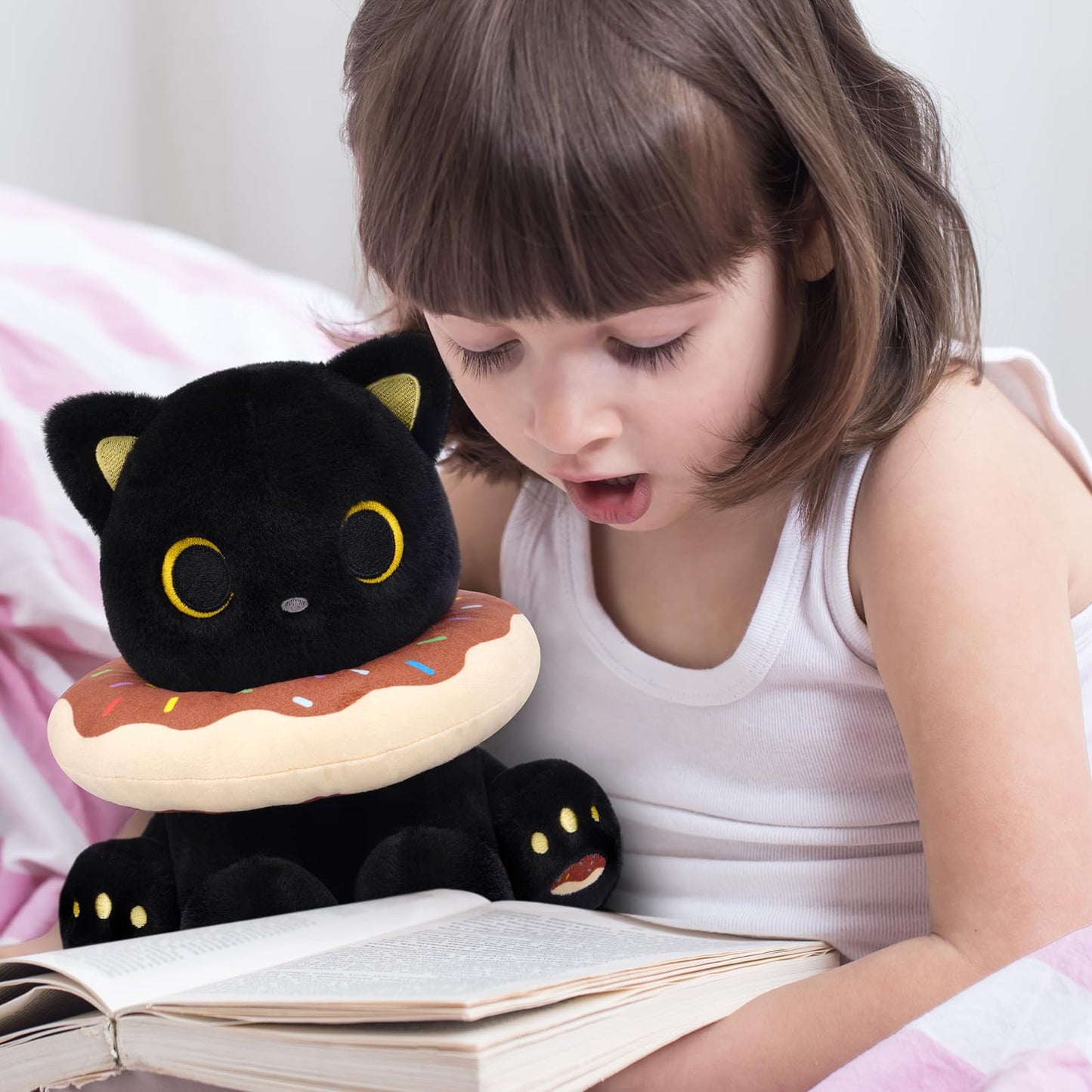 Hagusahuo Black Cat Plush – 8-Inch Donut Headpiece Kawaii Stuffed Animal
