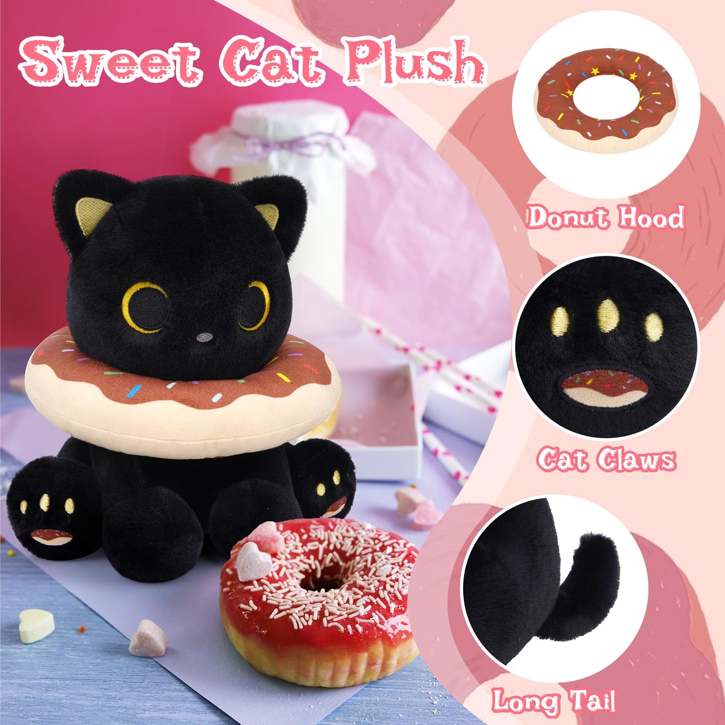Hagusahuo Black Cat Plush – 8-Inch Donut Headpiece Kawaii Stuffed Animal