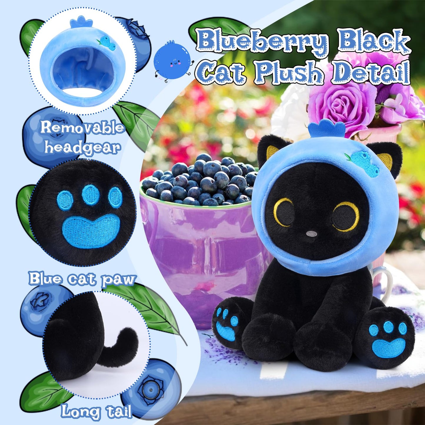 Hagusahuo Black Cat Plush – 8in Blueberry Headpiece Cat Toy for Kids