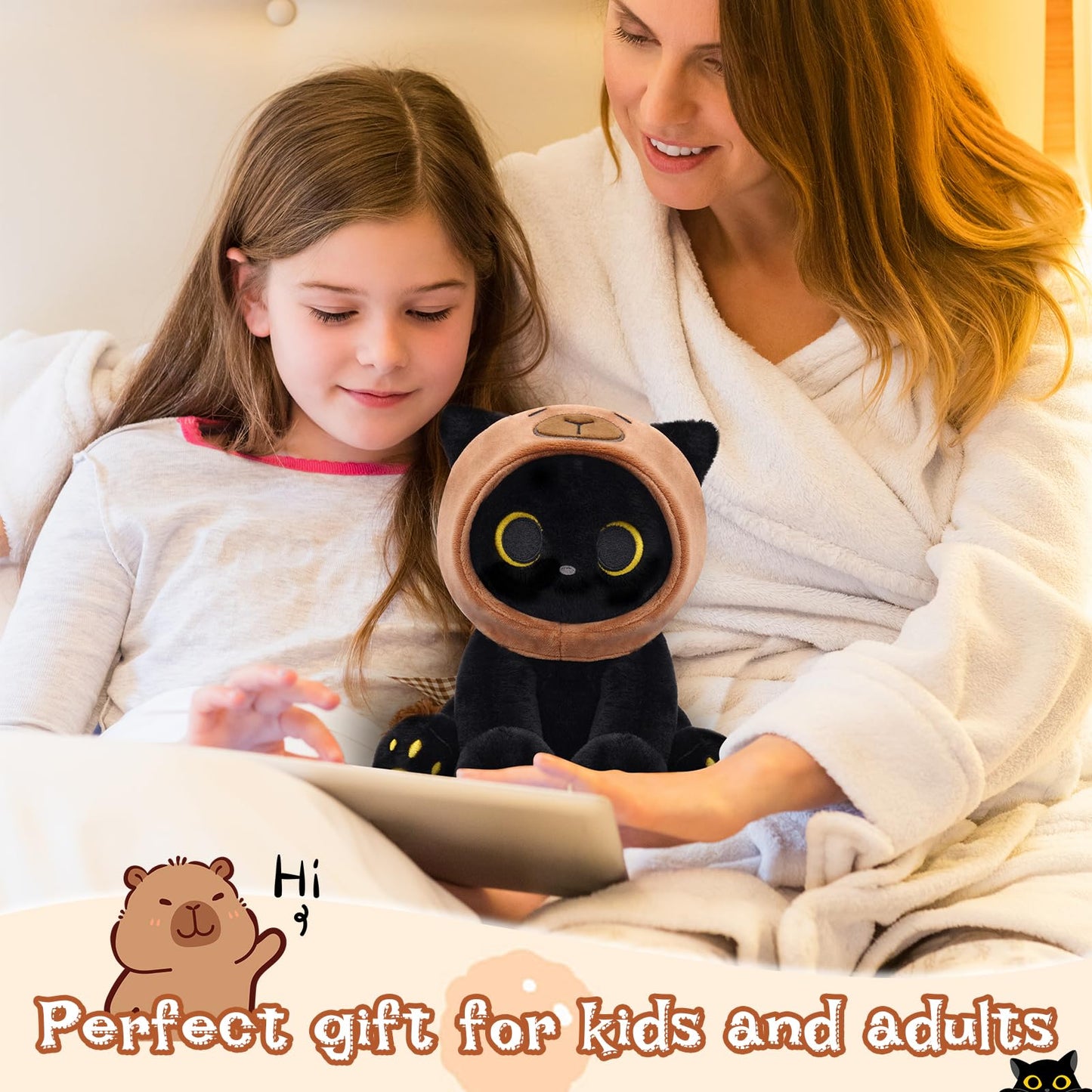 Hagusahuo Capybara Plush Cat – 8in Black Cat with Removable Hood | Kawaii Toy