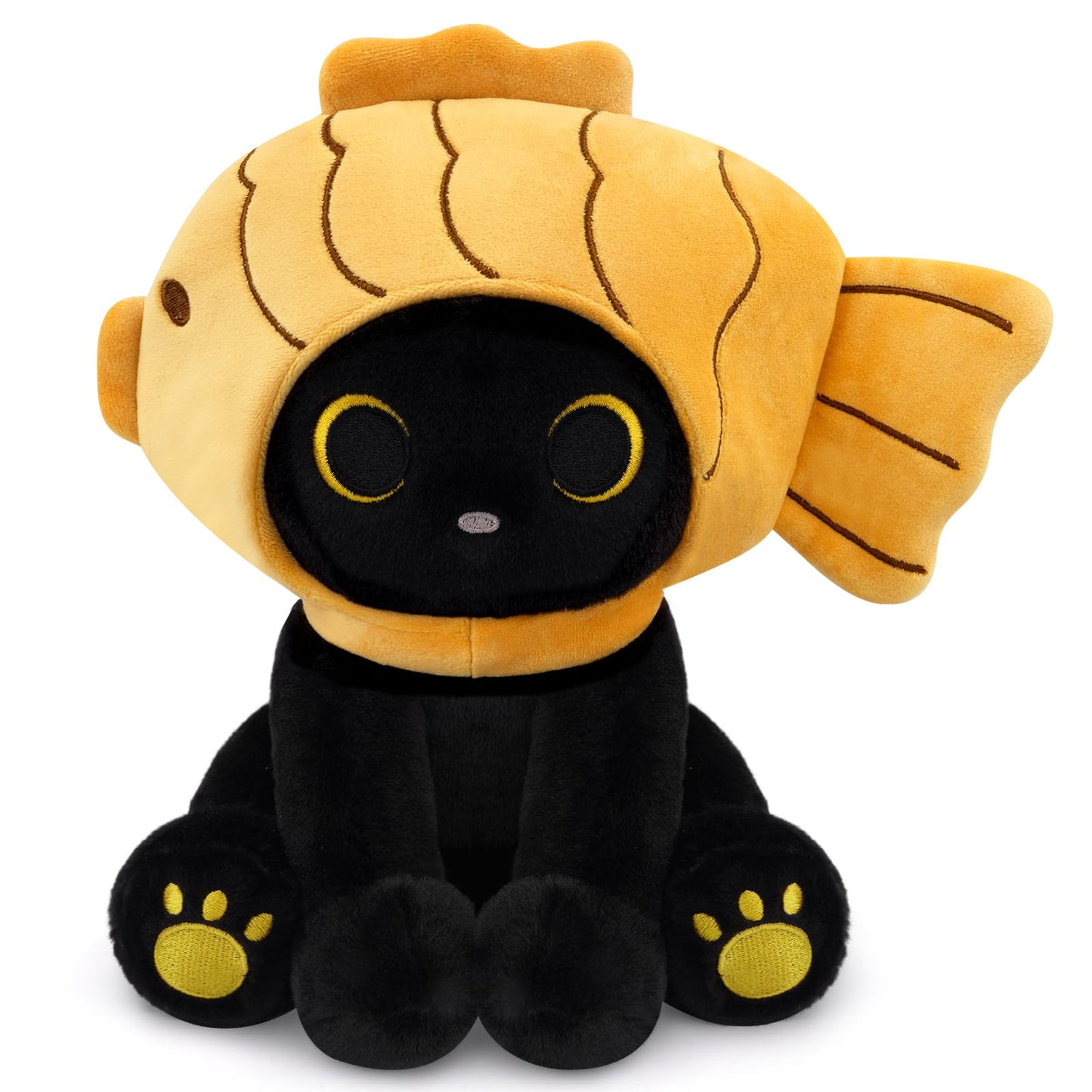 Hagusahuo 8-Inch Black Cat Plush with Removable Taiyaki Hood – Kawaii Toy